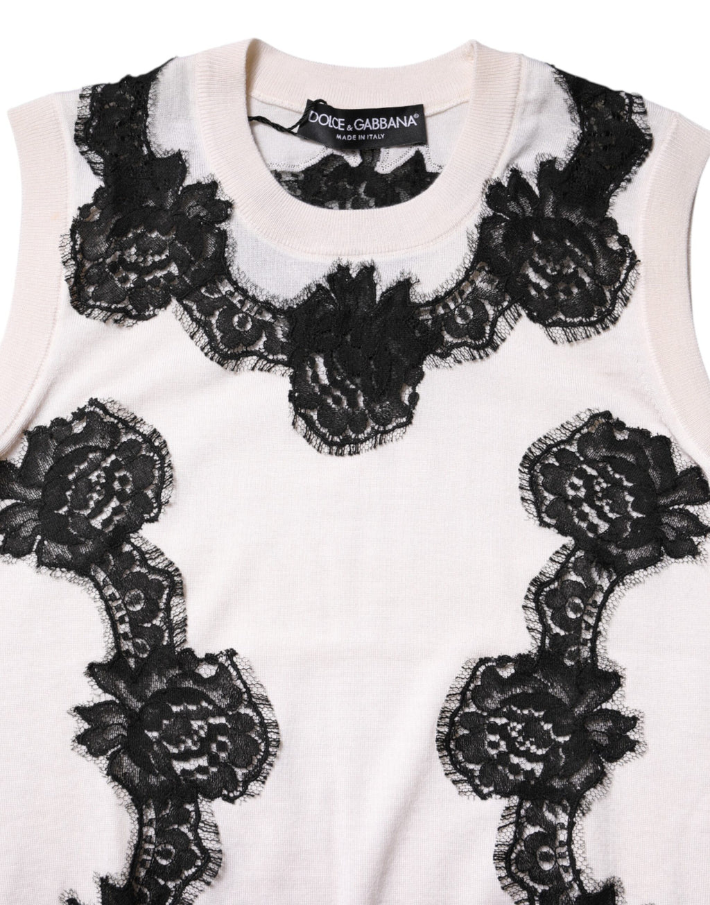 Dolce & Gabbana White Cashmere Tank Top with Floral Lace