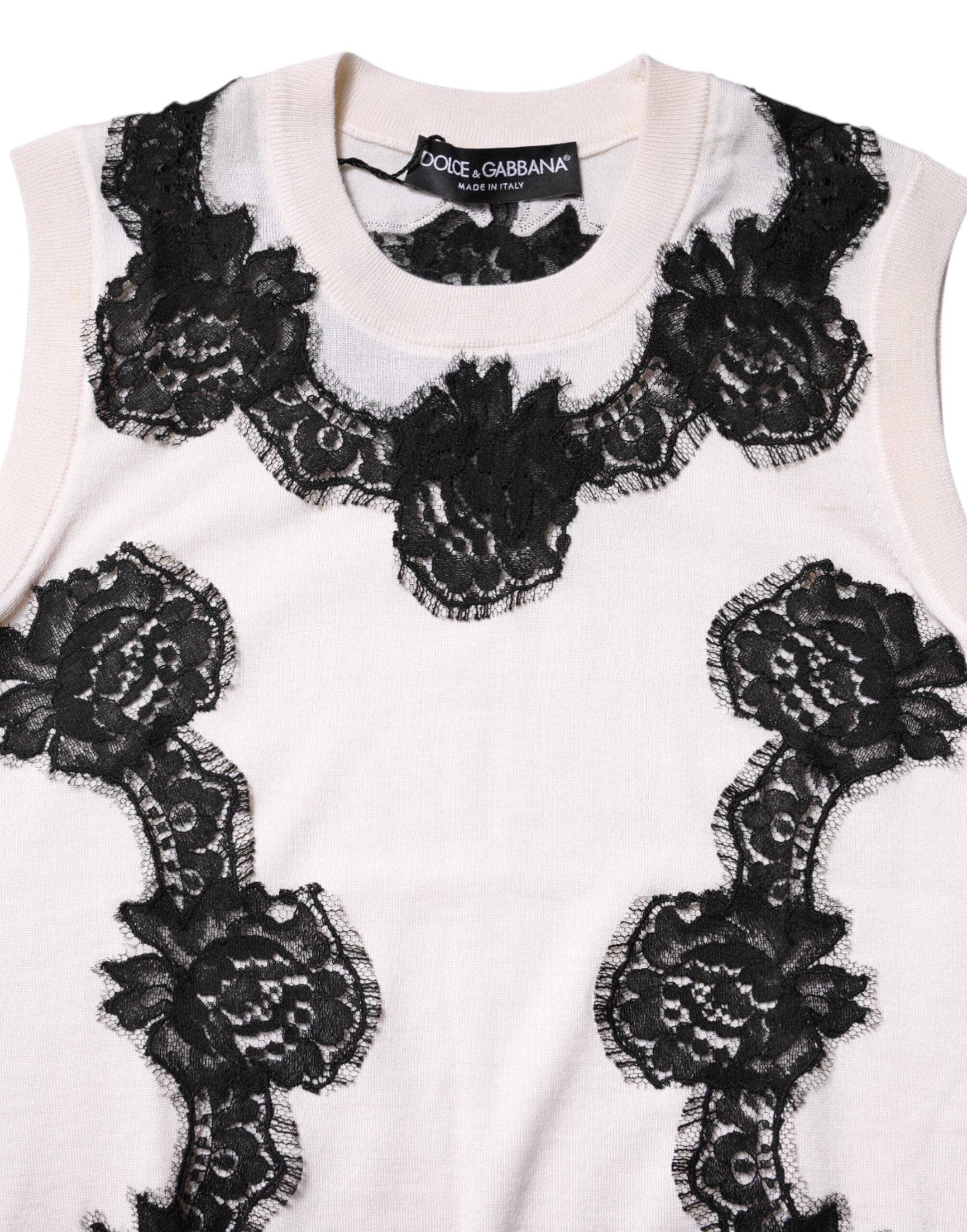 Dolce & Gabbana White Cashmere Tank Top with Floral Lace