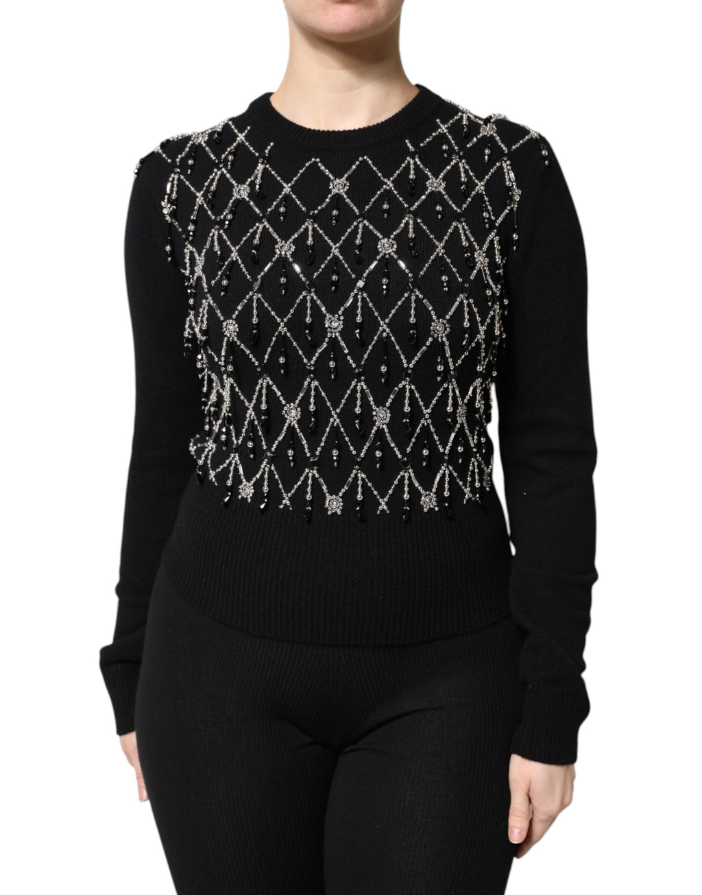 Dolce & Gabbana Schwarzes Kaschmir-Top mit langen Ärmeln und Verzierungen