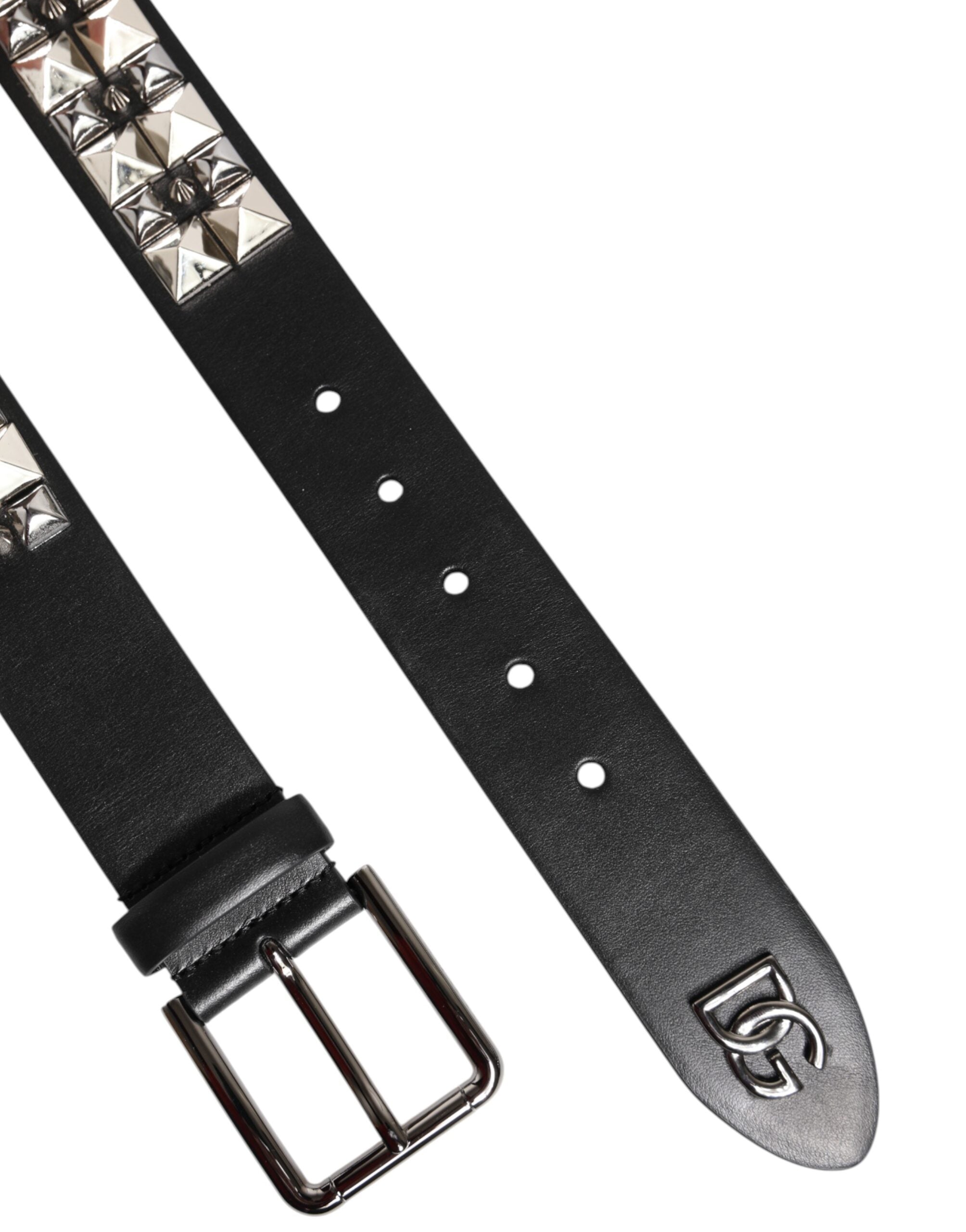 Dolce & Gabbana Schwarzer Kalbsleder Nietengürtel mit Silberschnalle