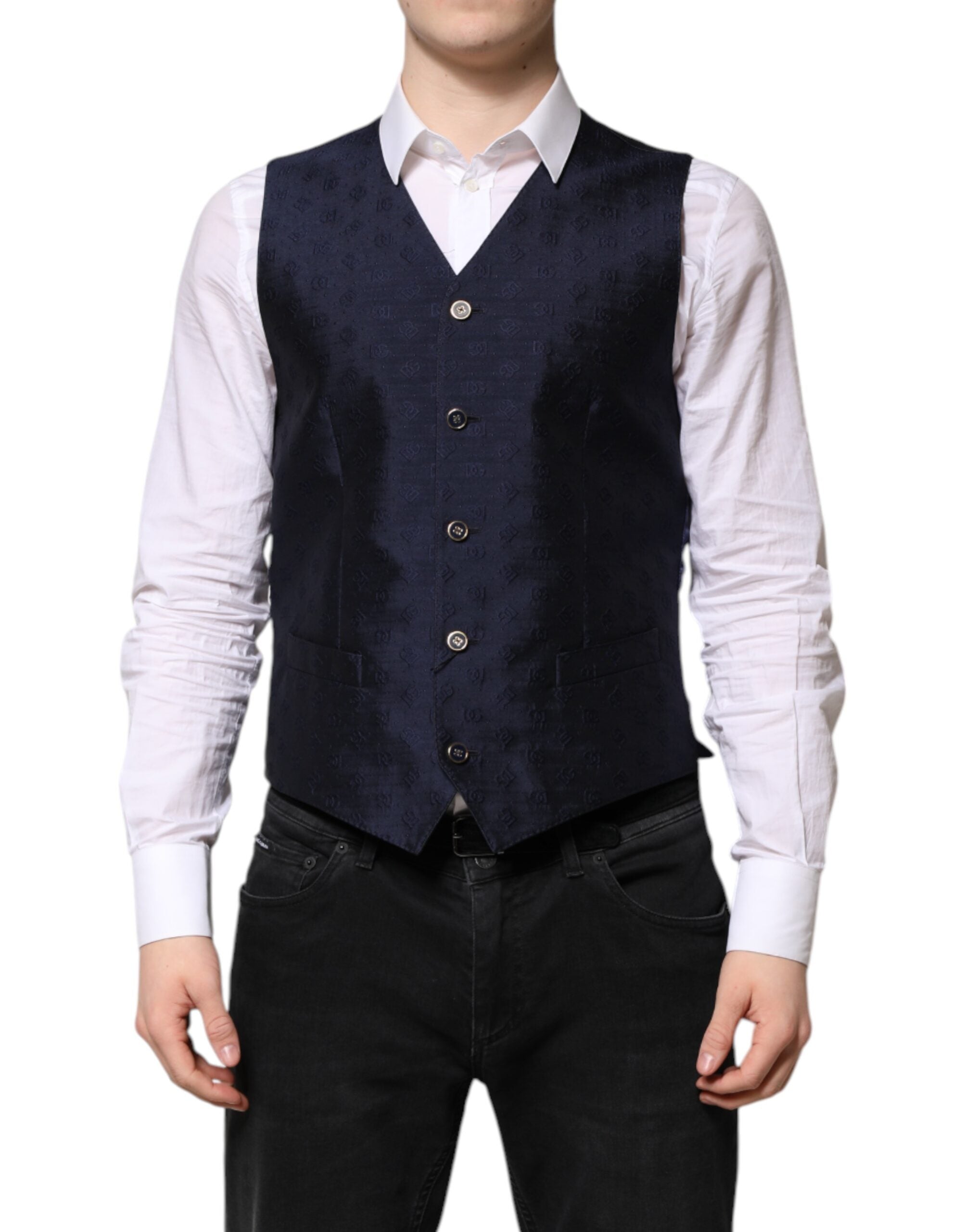 Dolce & Gabbana Dunkelblau Logo Wolle Formal Herren Weste Weste