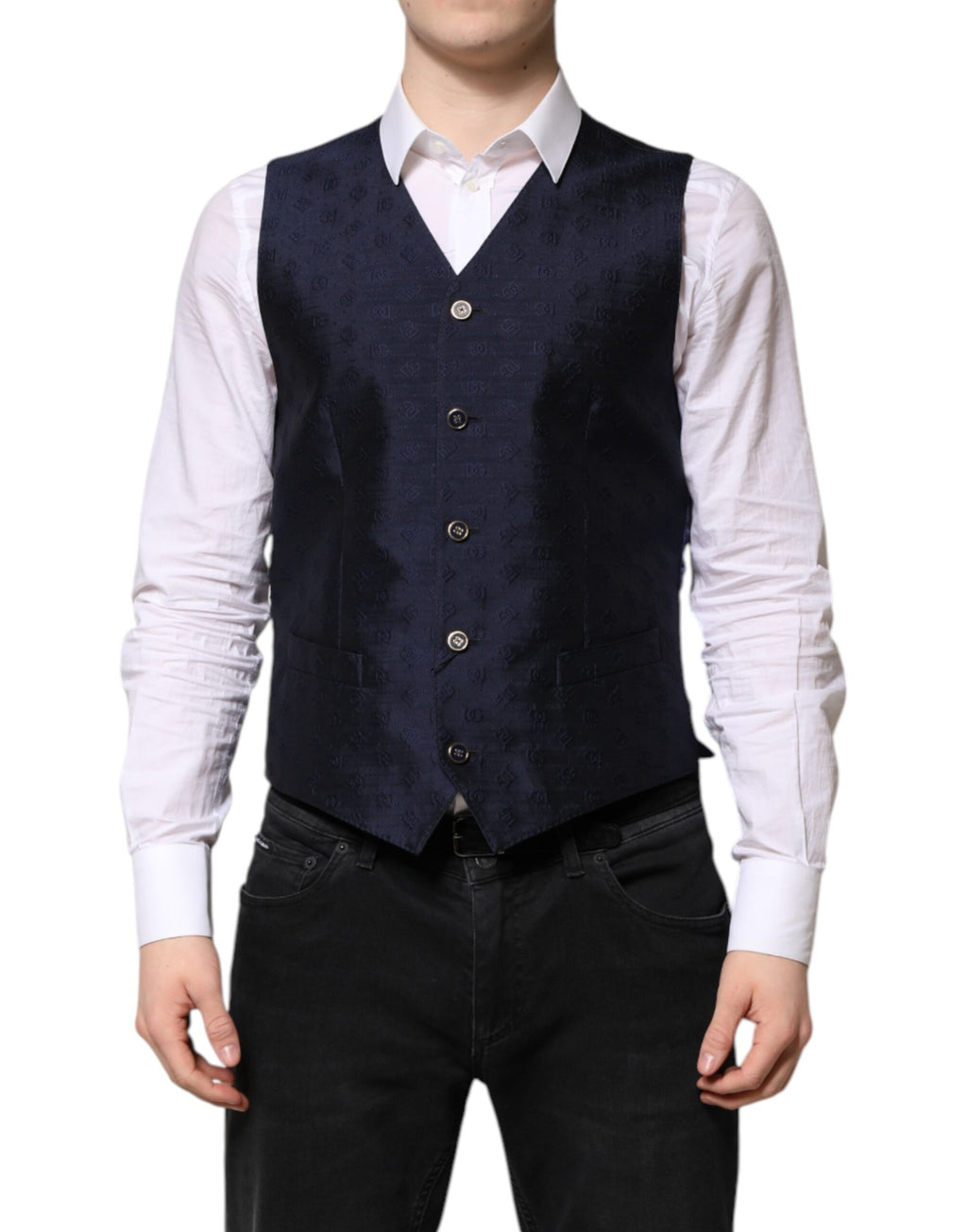 Dolce & Gabbana Dunkelblau Logo Wolle Formal Herren Weste Weste