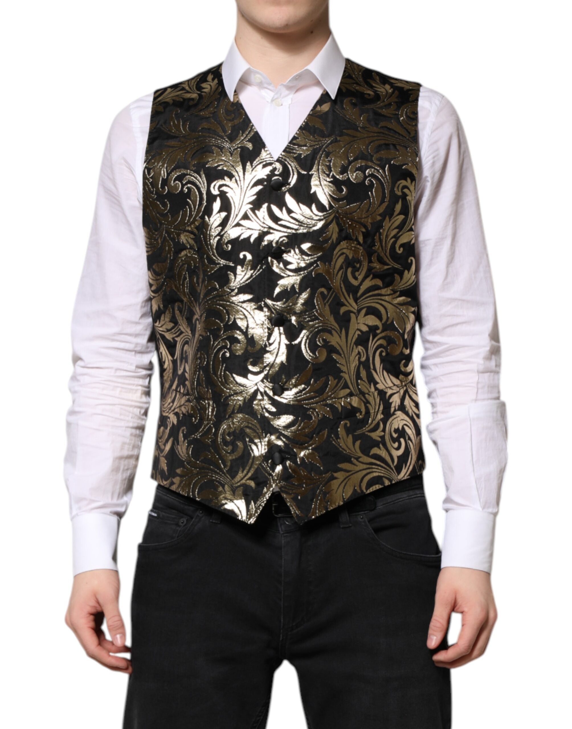 Dolce & Gabbana Black Gold Jacquard Formal Men's Vest Waistcoat