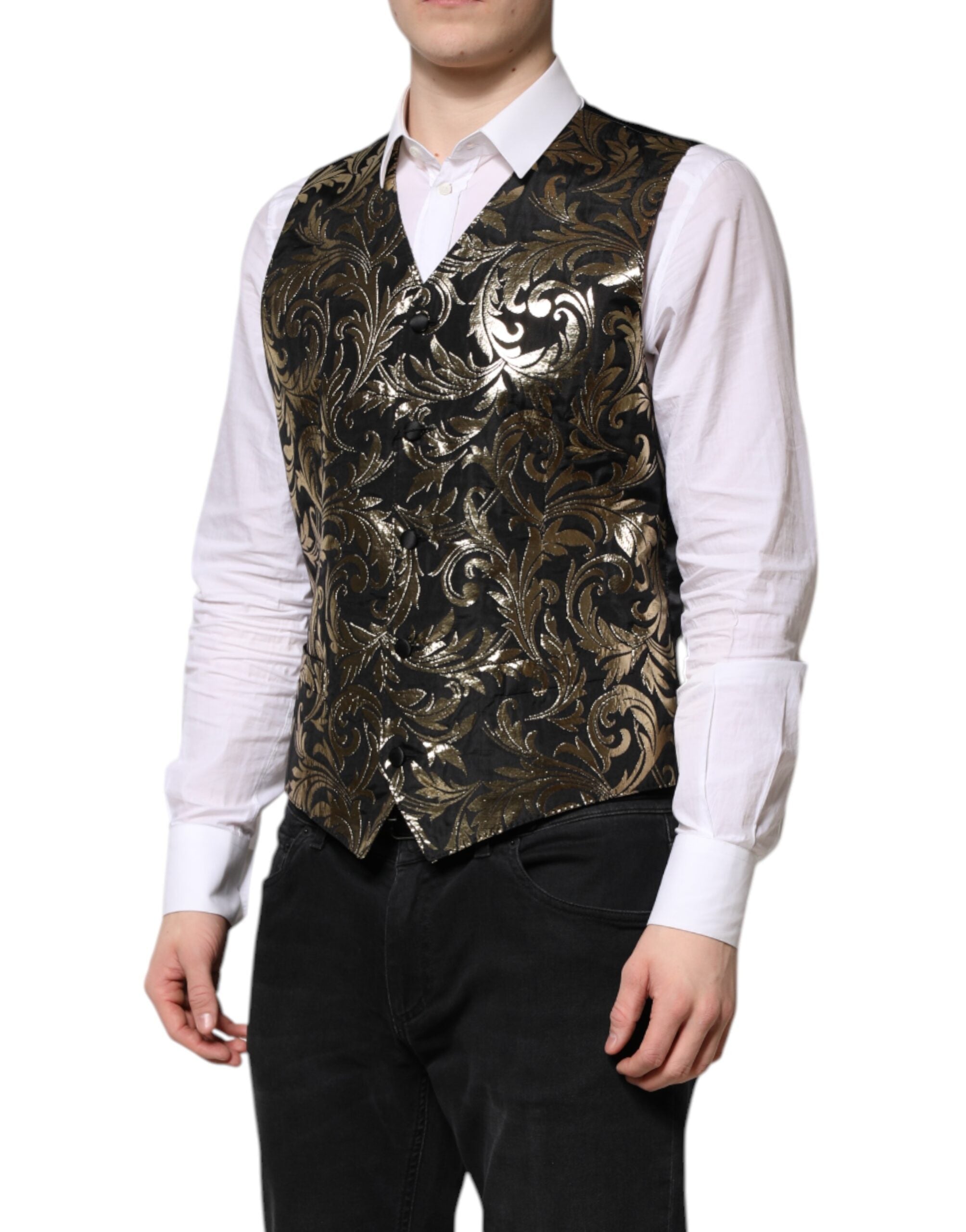 Dolce & Gabbana Black Gold Jacquard Formal Men's Vest Waistcoat