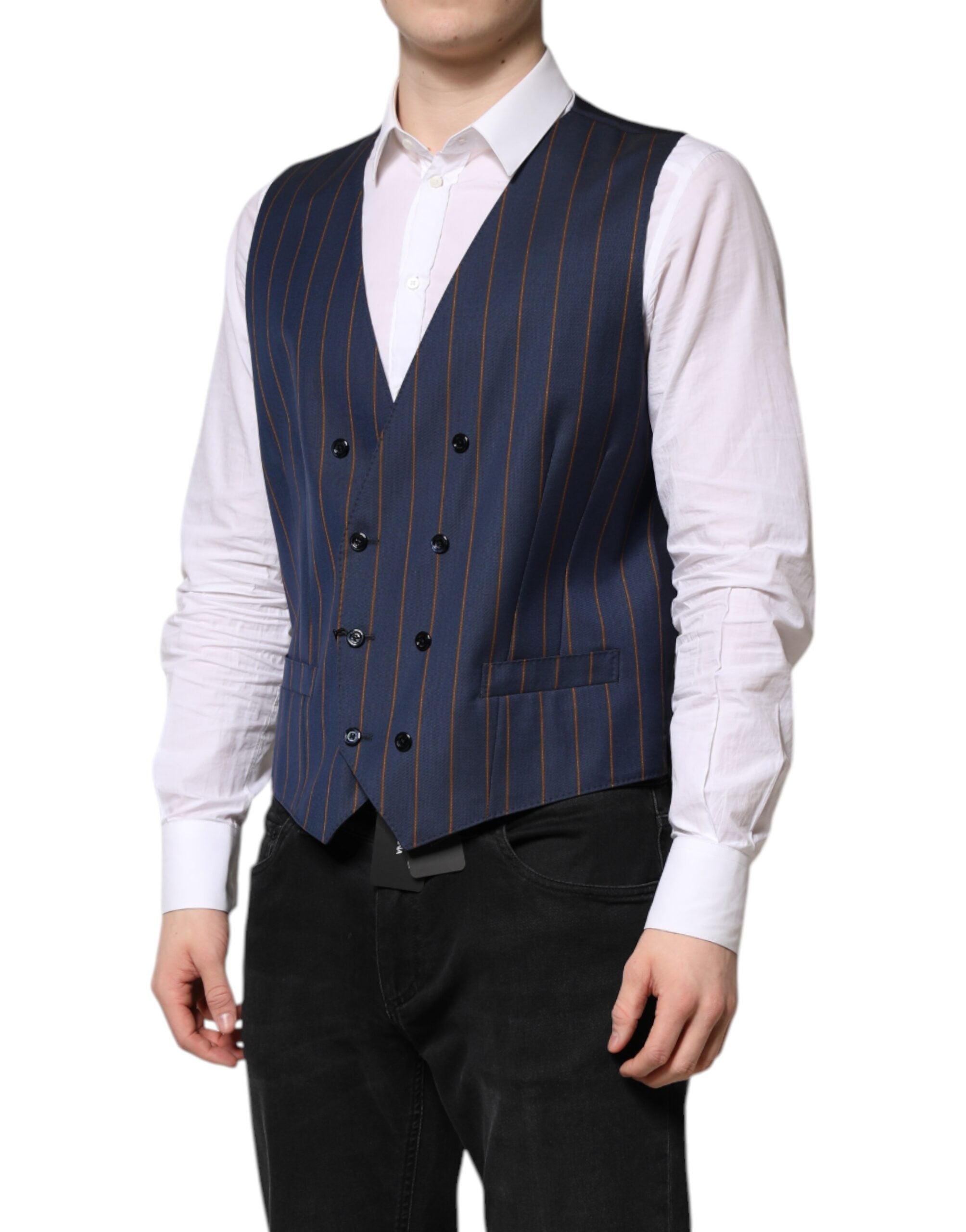Dolce & Gabbana Blue Stripe Wool Formal Men's Waistcoat Vest