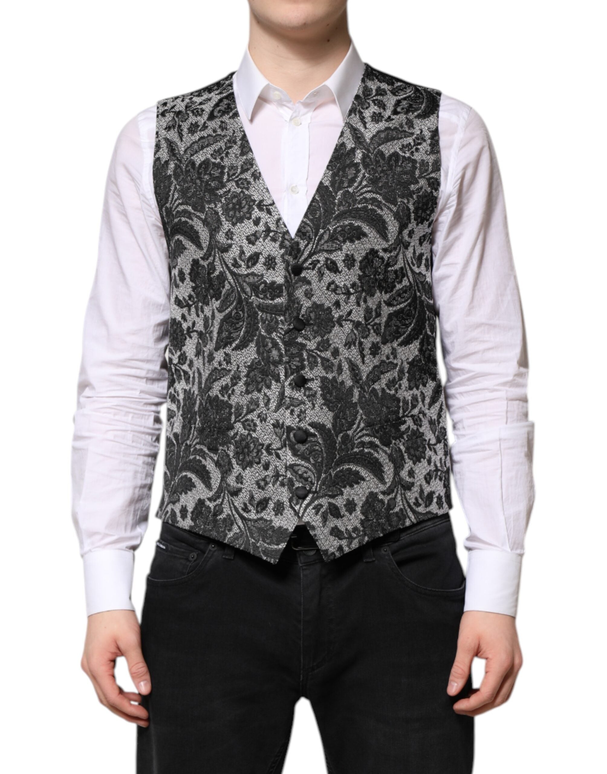 Dolce & Gabbana Schwarzer grauer Brokat Formal Männer Weste Weste