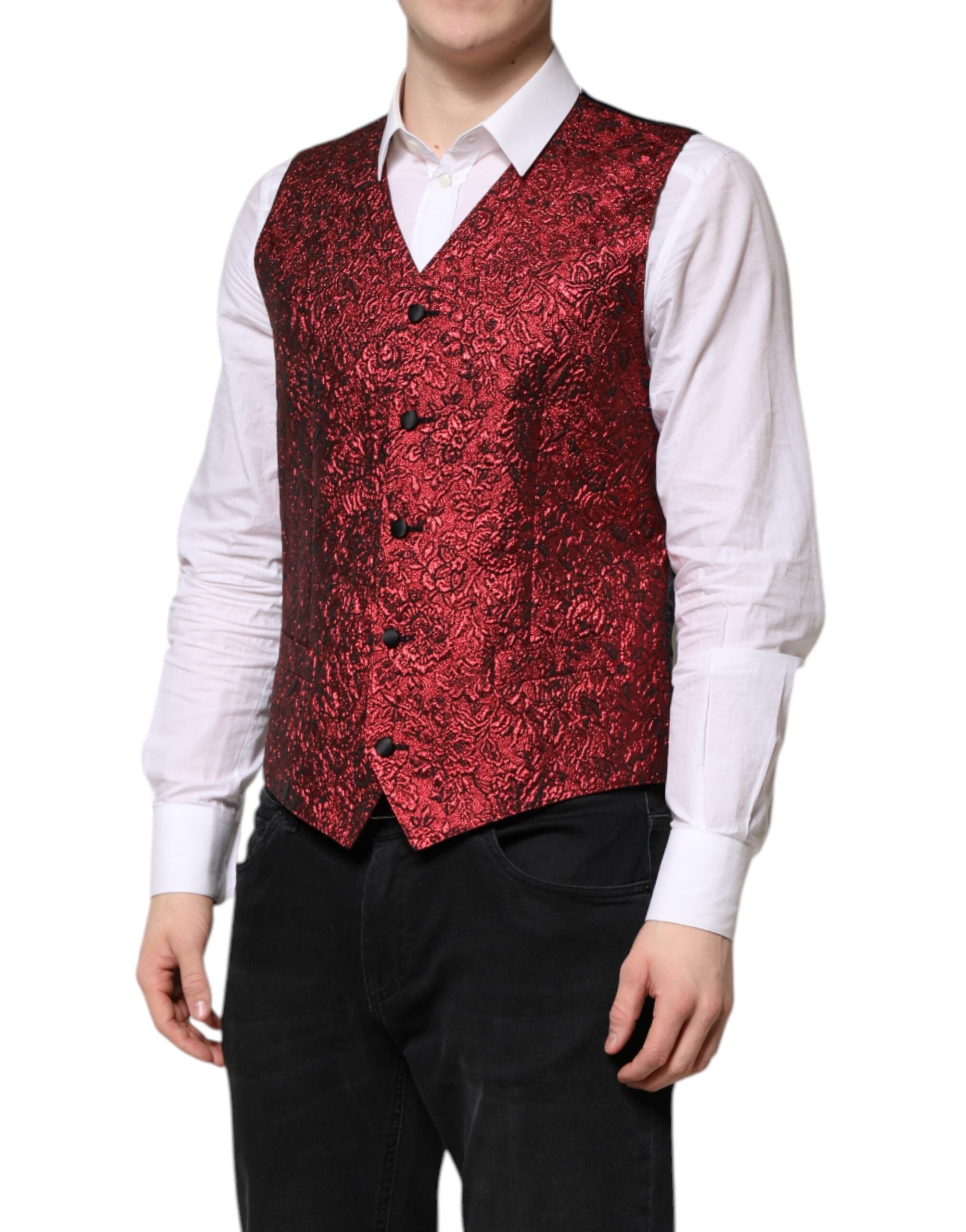 Dolce & Gabbana Red Floral Brocade Formal Men's Waistcoat Vest