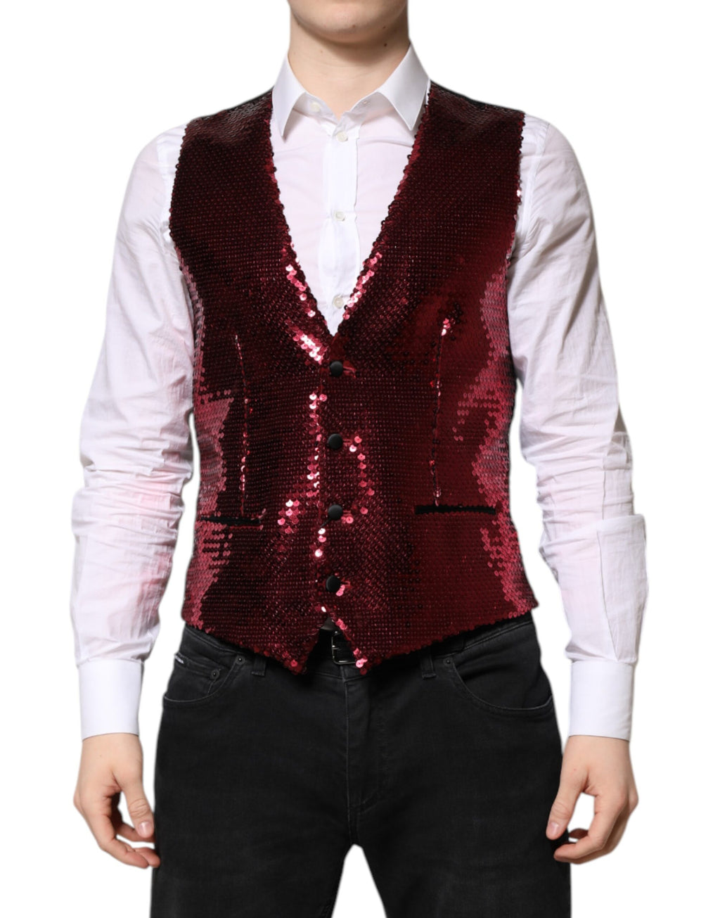 Dolce & Gabbana Red Sequin Dress Formal Men's Waistcoat Vest