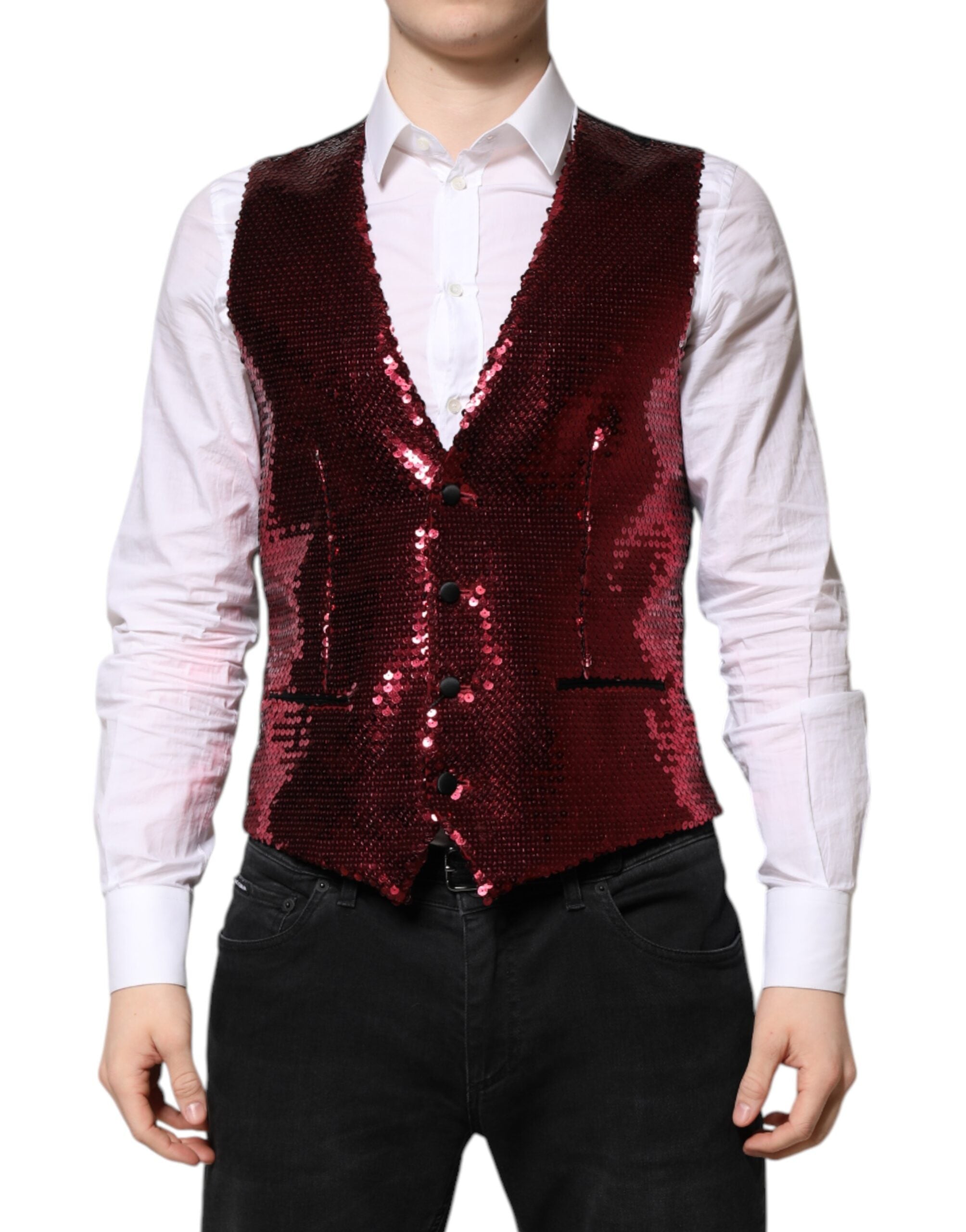 Dolce & Gabbana Red Sequin Dress Formal Men's Waistcoat Vest