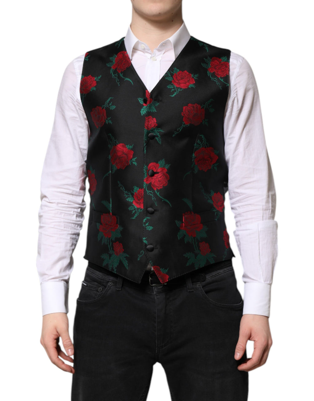 Dolce & Gabbana Red Floral Brocade Formal Men's Waistcoat Vest
