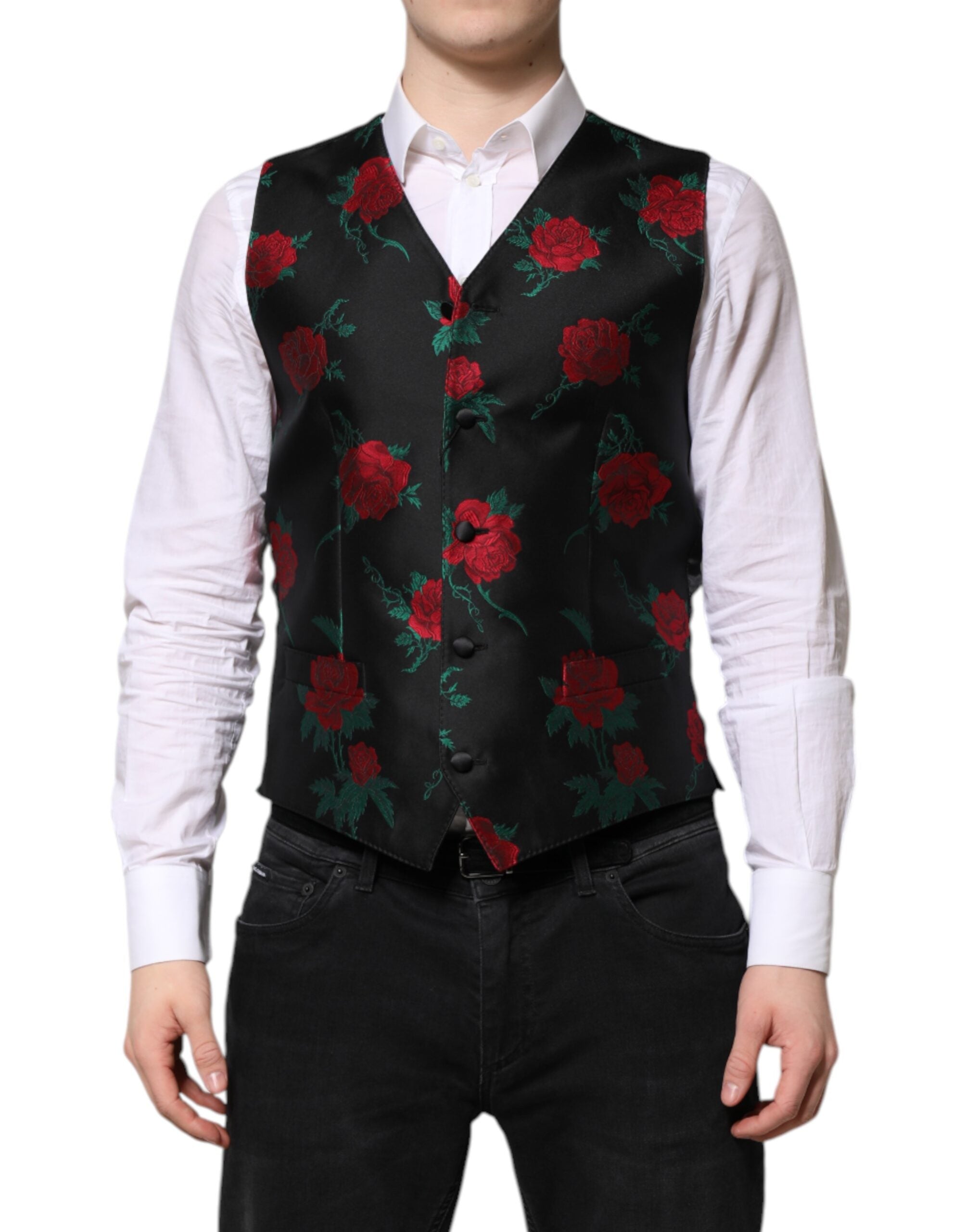 Dolce & Gabbana Red Floral Brocade Formal Men's Waistcoat Vest
