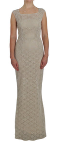 Dolce & Gabbana Beige Ricamo Baumwoll-Etuikleid mit Ausschnitt