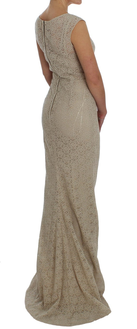 Dolce & Gabbana Beige Ricamo Baumwoll-Etuikleid mit Ausschnitt
