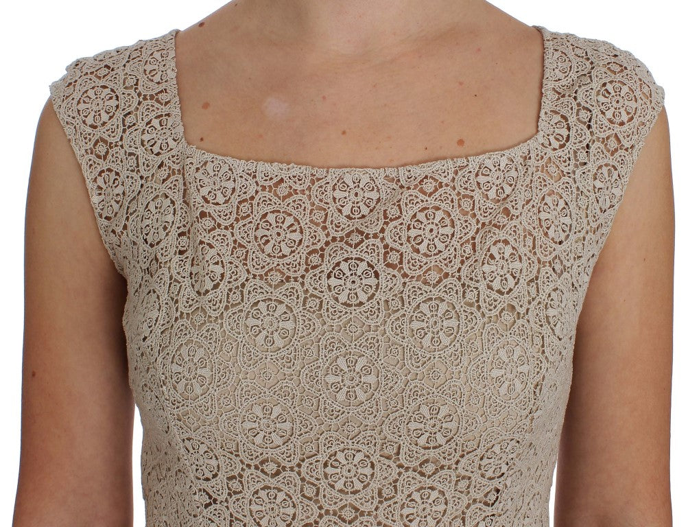 Dolce & Gabbana Beige Ricamo Baumwoll-Etuikleid mit Ausschnitt