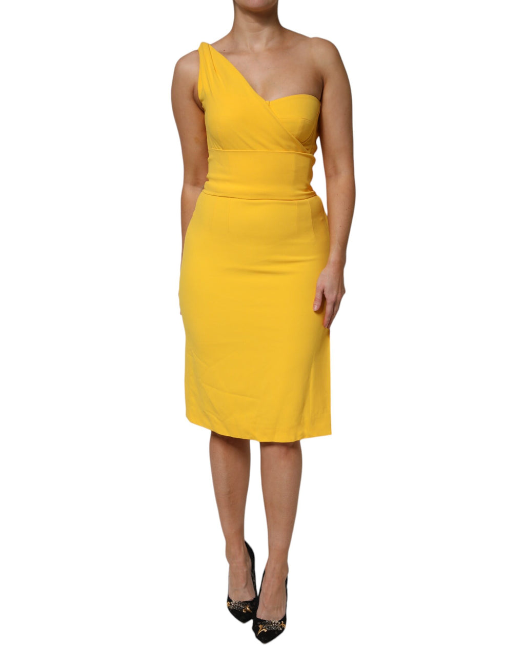 Dolce & Gabbana Gelbes Midikleid mit Seitenschlitz und einer Schulter