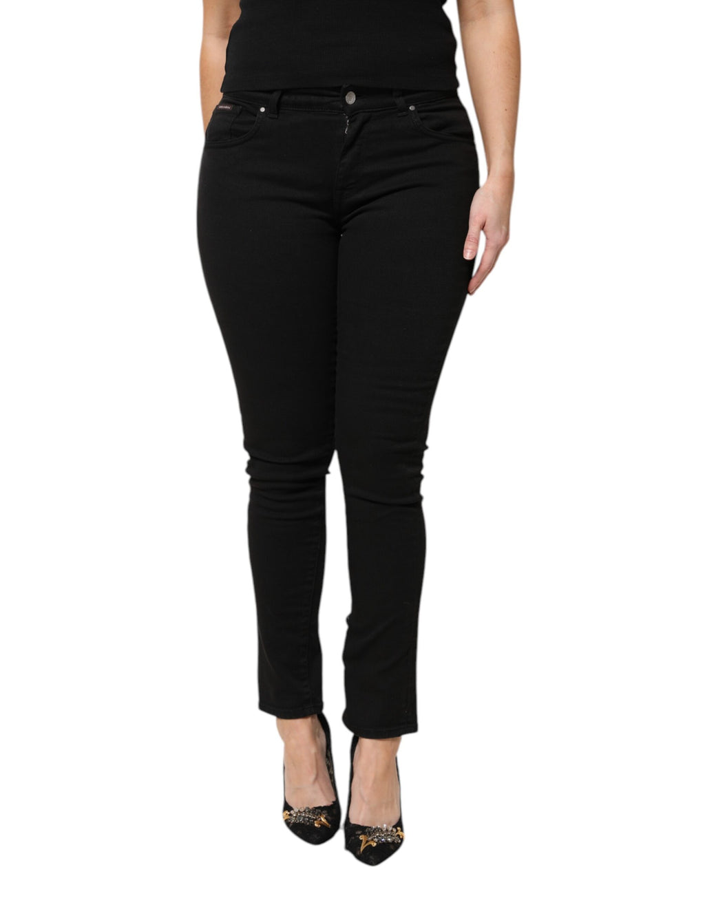Dolce & Gabbana Schwarze Baumwolle Logo Mid Waist Skinny Denim Jeans