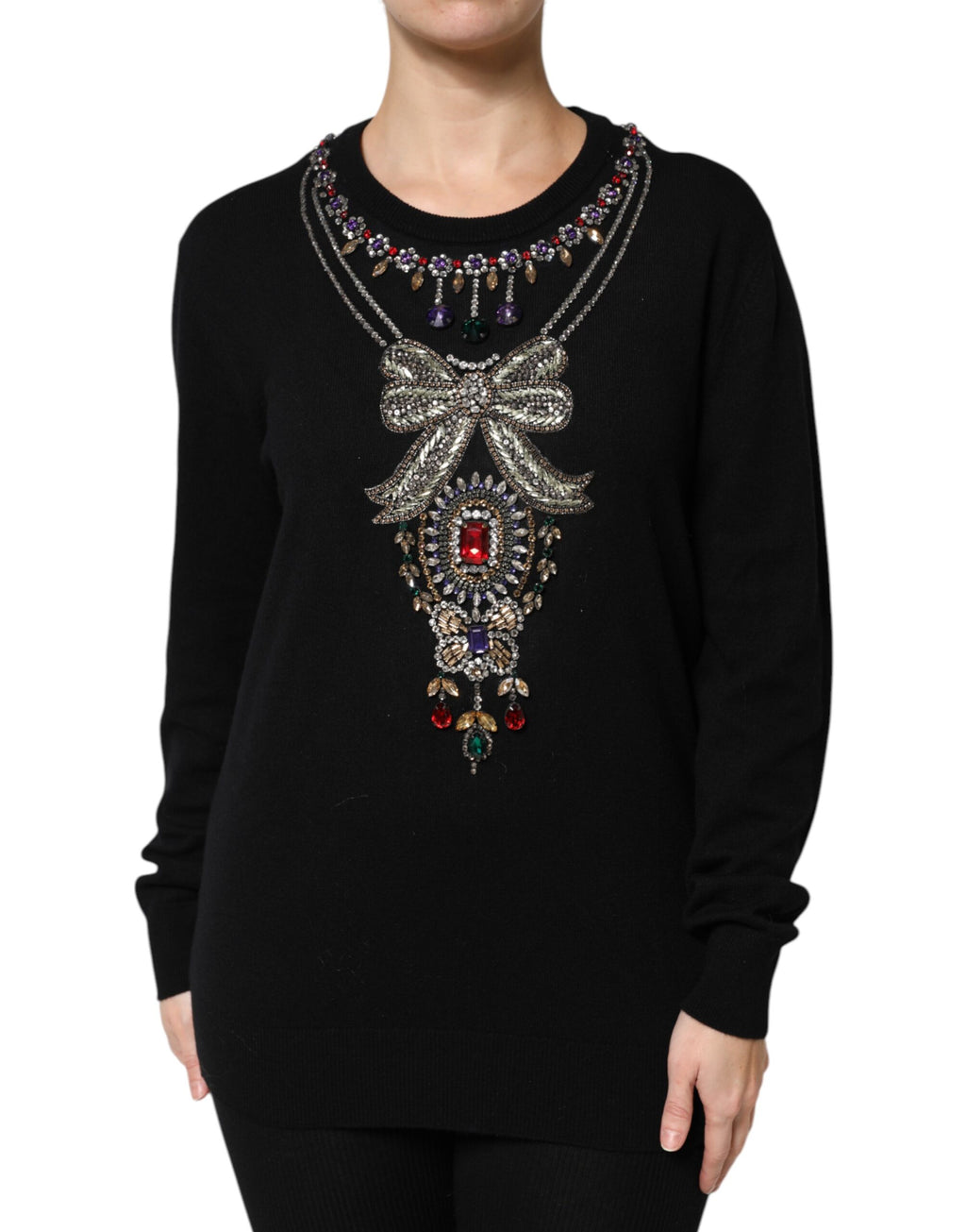 Dolce & Gabbana Schwarzer Pullover aus Kaschmir mit Kristallverzierung