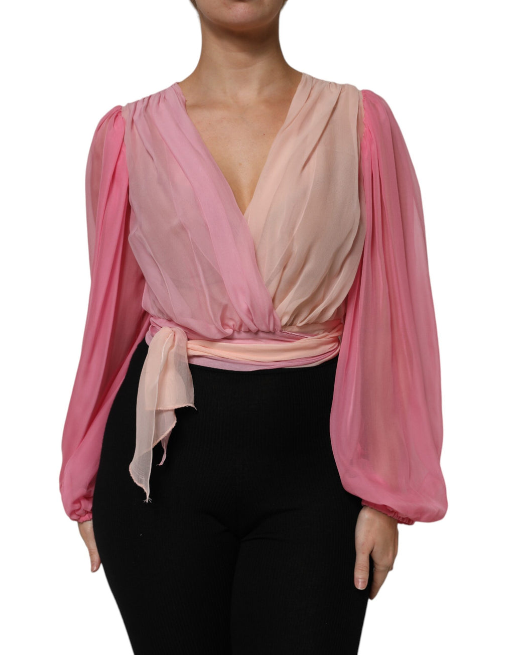 Dolce & Gabbana Pinkes Blusentop mit tiefem V-Ausschnitt und langen Ärmeln