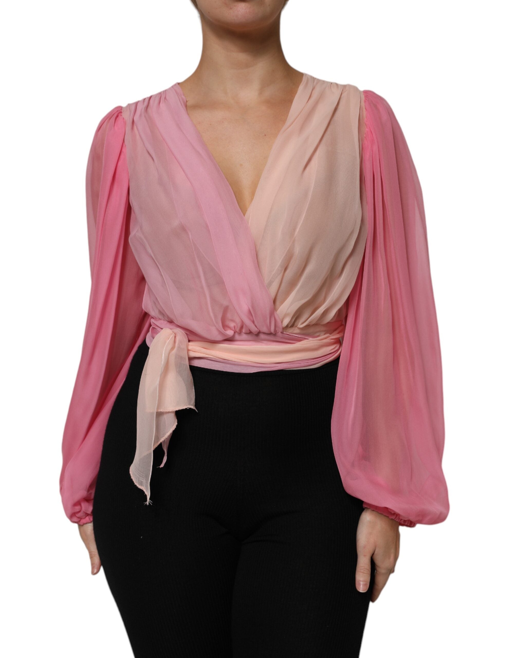 Dolce & Gabbana Pinkes Blusentop mit tiefem V-Ausschnitt und langen Ärmeln