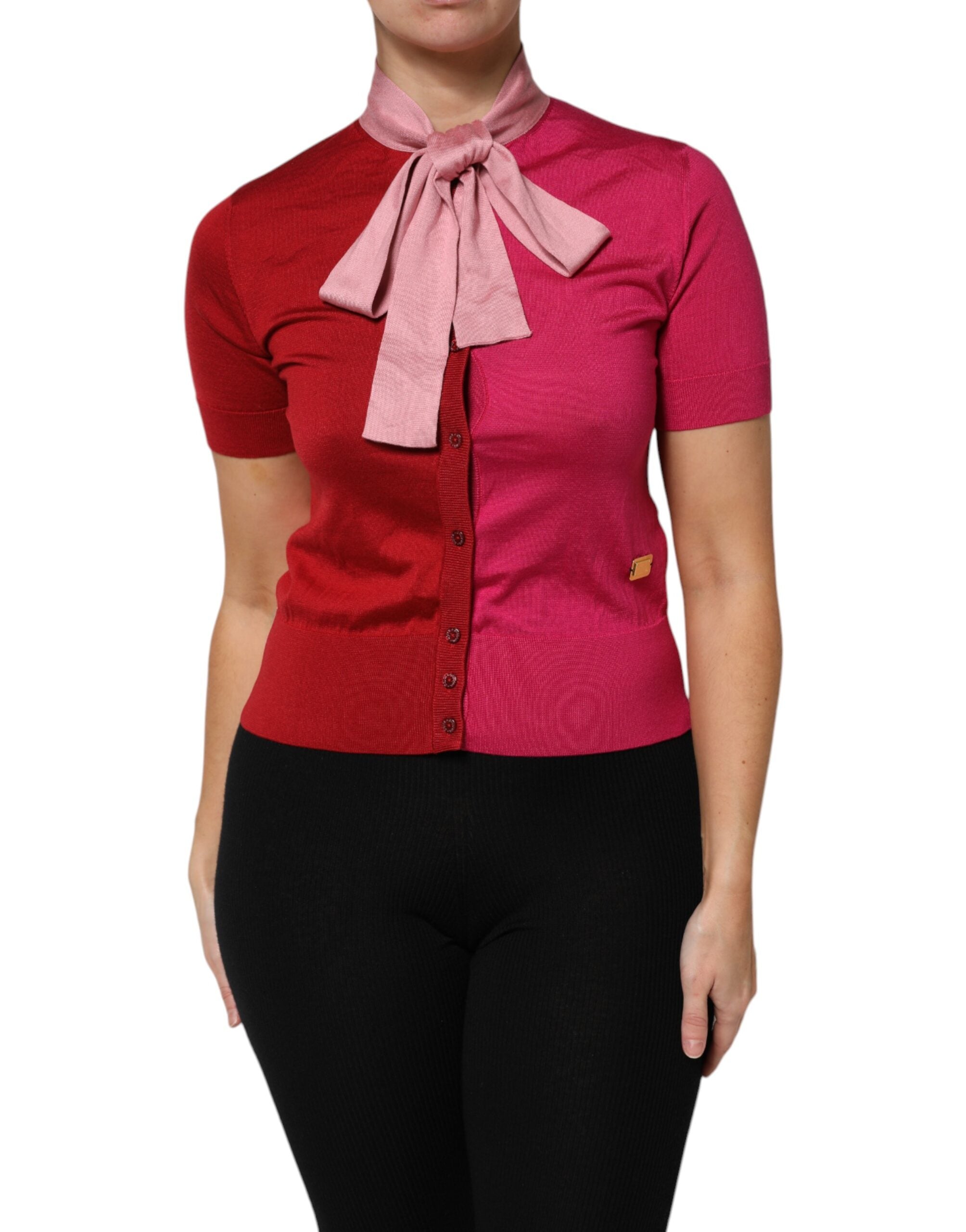 Dolce & Gabbana Pink Short Sleeve Button Up Top with Ascot Collar