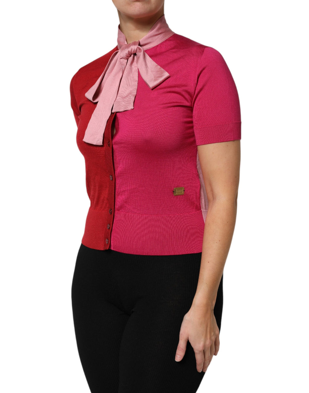Dolce & Gabbana Pink Short Sleeve Button Up Top with Ascot Collar