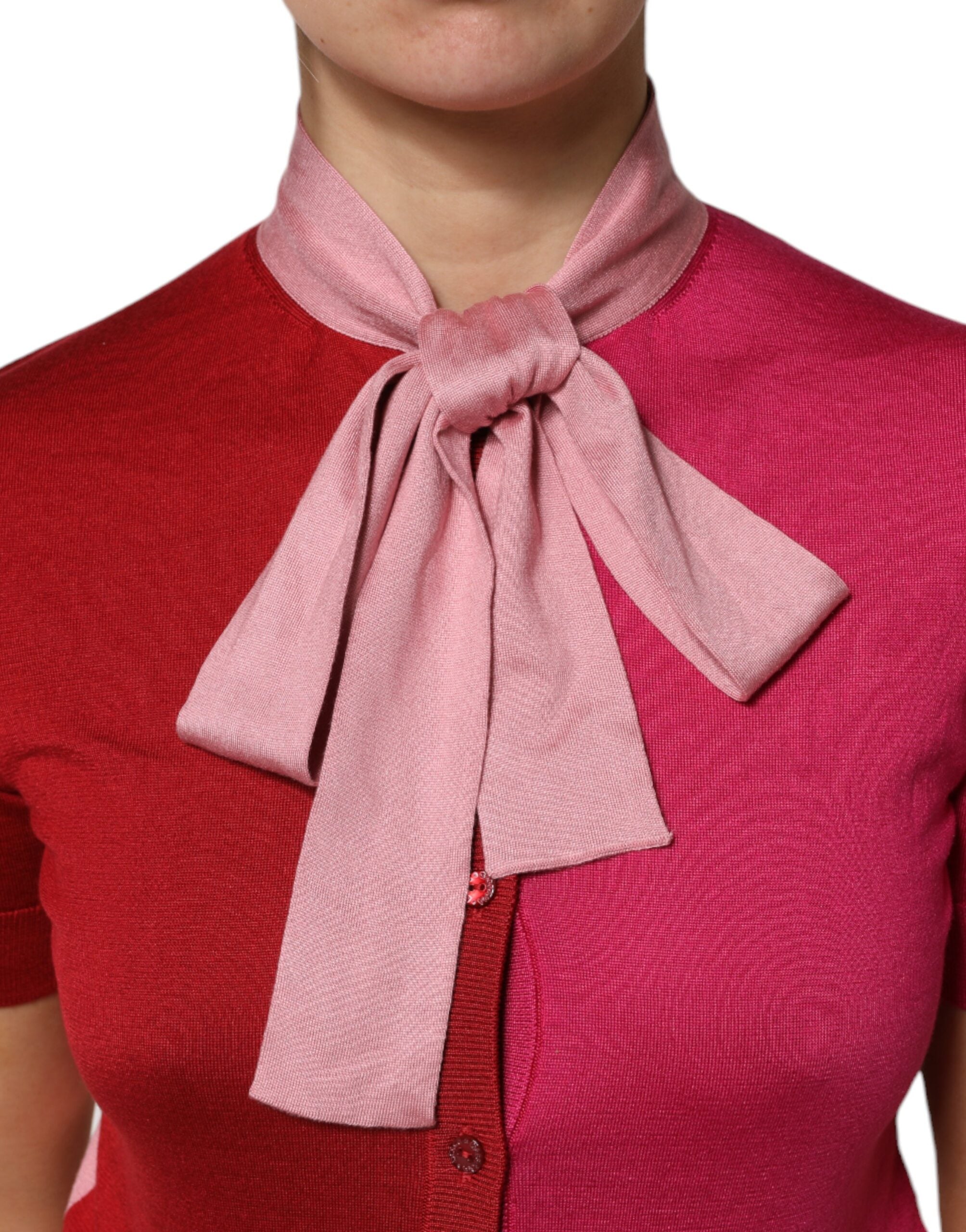 Dolce & Gabbana Pink Short Sleeve Button Up Top with Ascot Collar