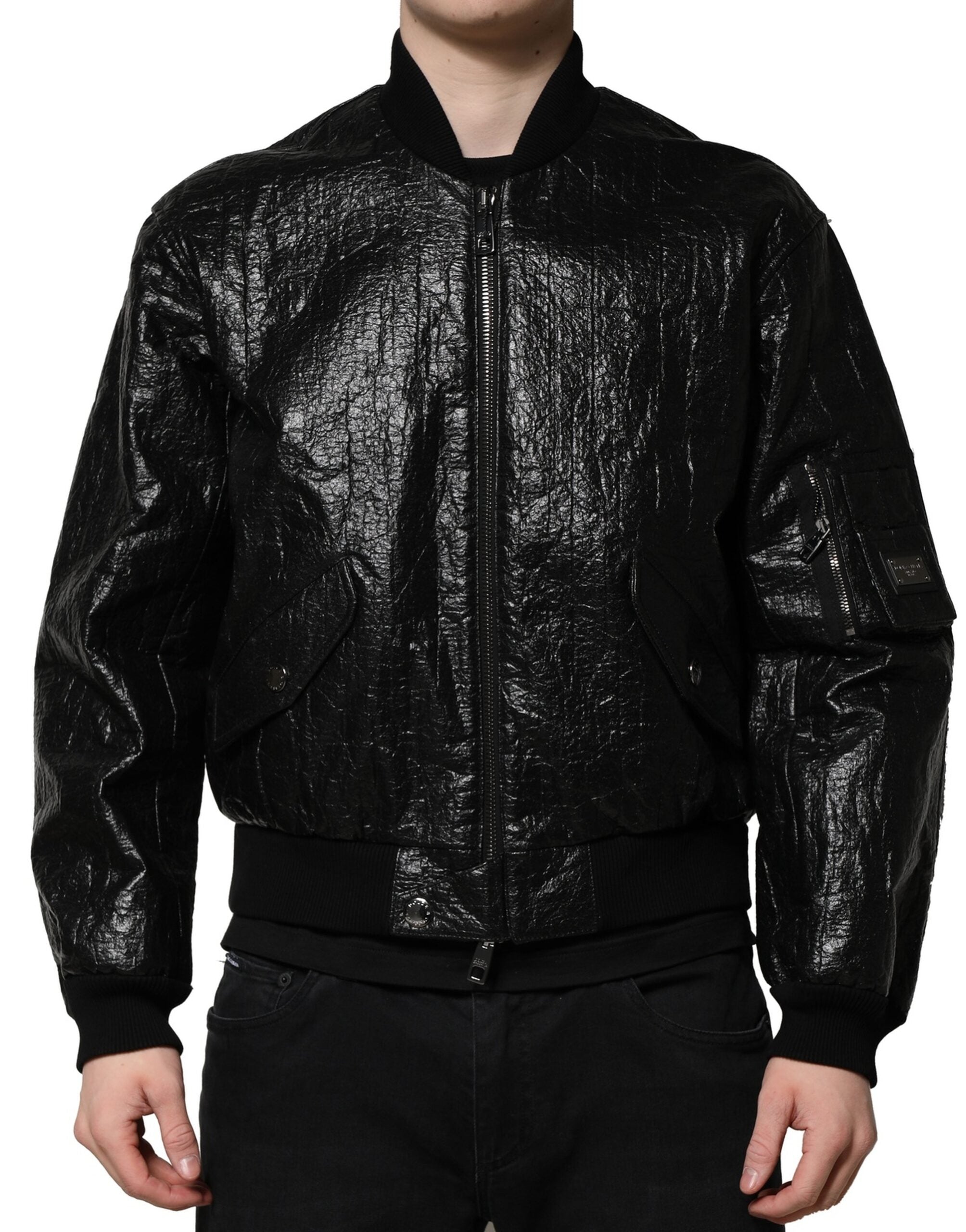 Dolce & Gabbana Black Logo Plaque Zip-Up Bomber Jacket