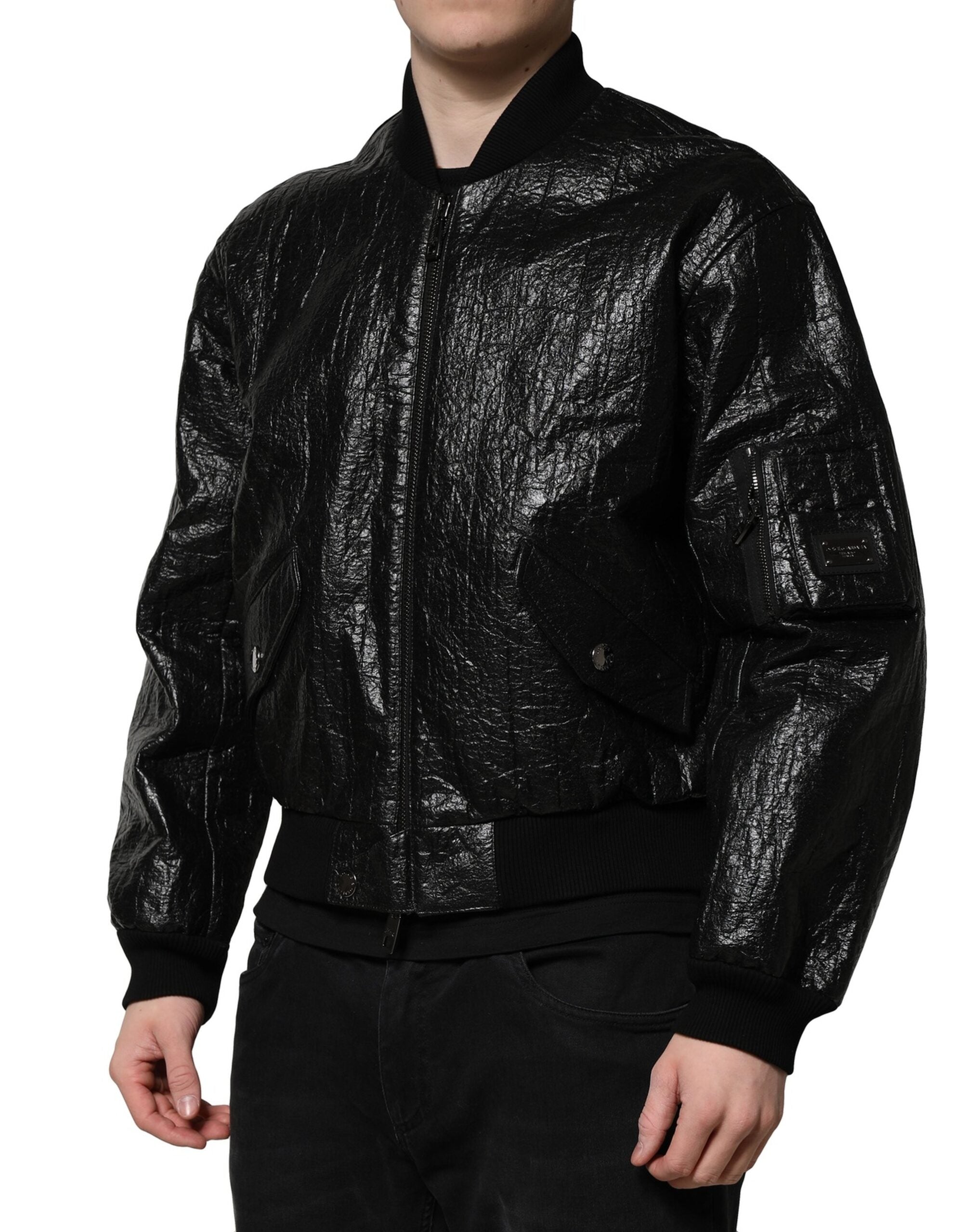 Dolce & Gabbana Black Logo Plaque Zip-Up Bomber Jacket