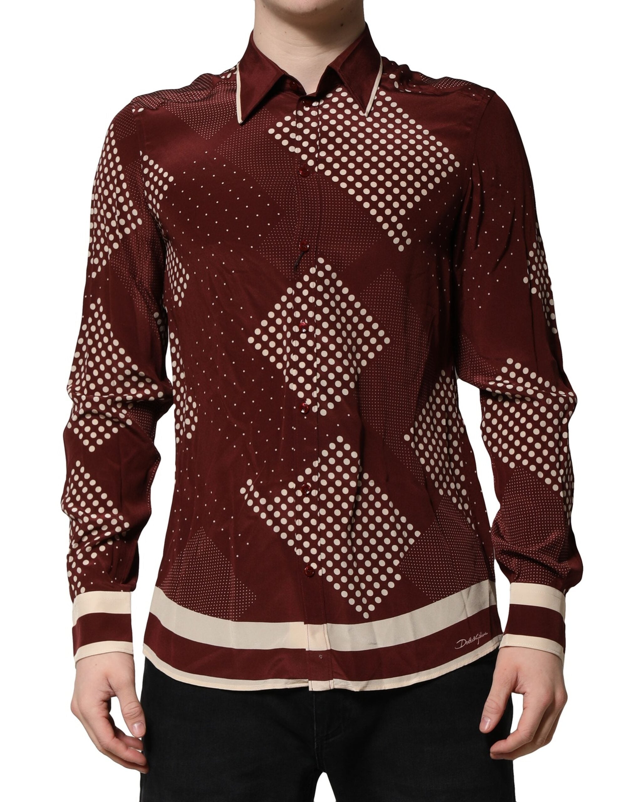 Dolce & Gabbana Chestnut Brown Polka Dot Long Sleeve Silk Shirt