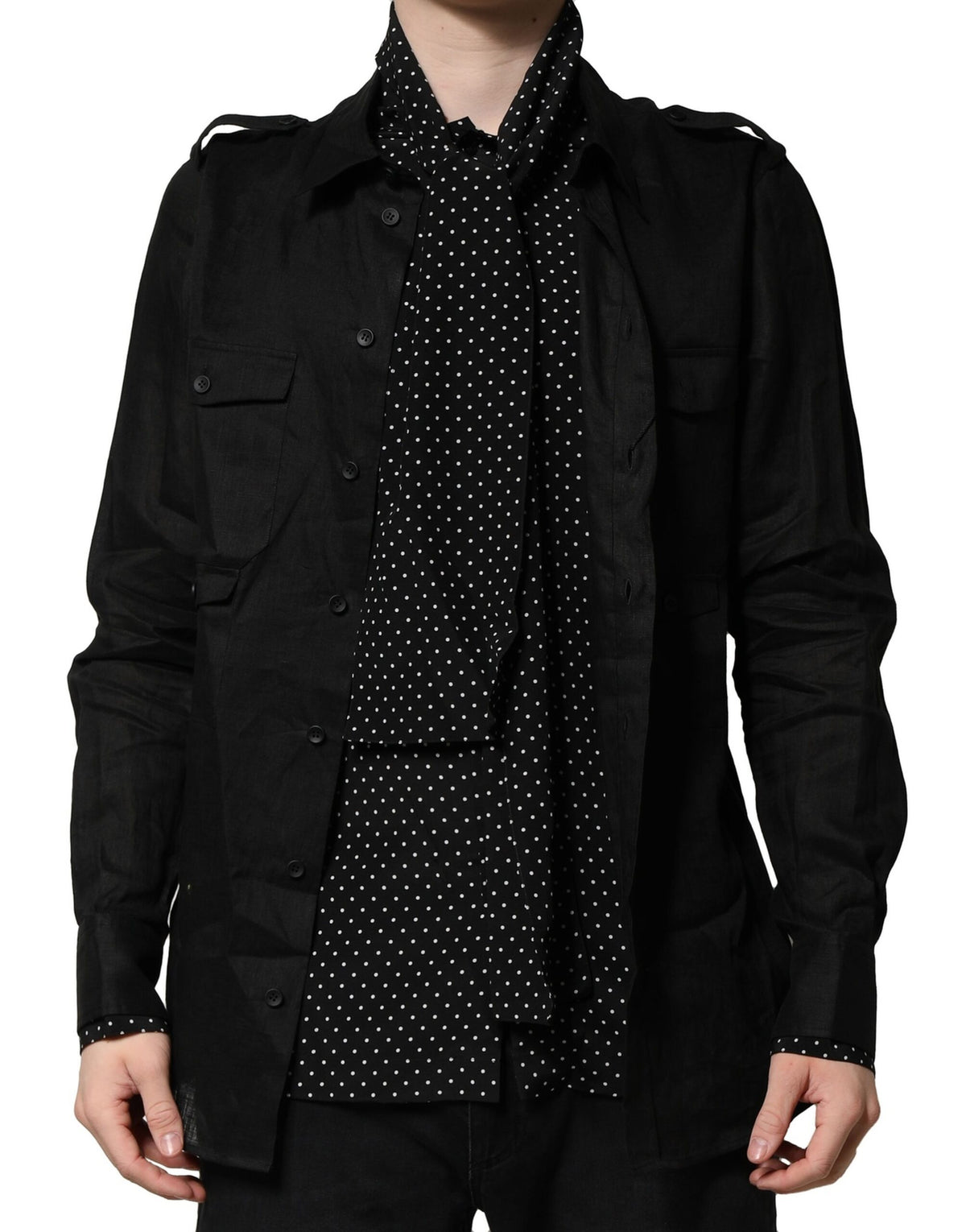 Dolce & Gabbana Schwarzes Polka Dot Leinen Seide Herren Freizeithemd