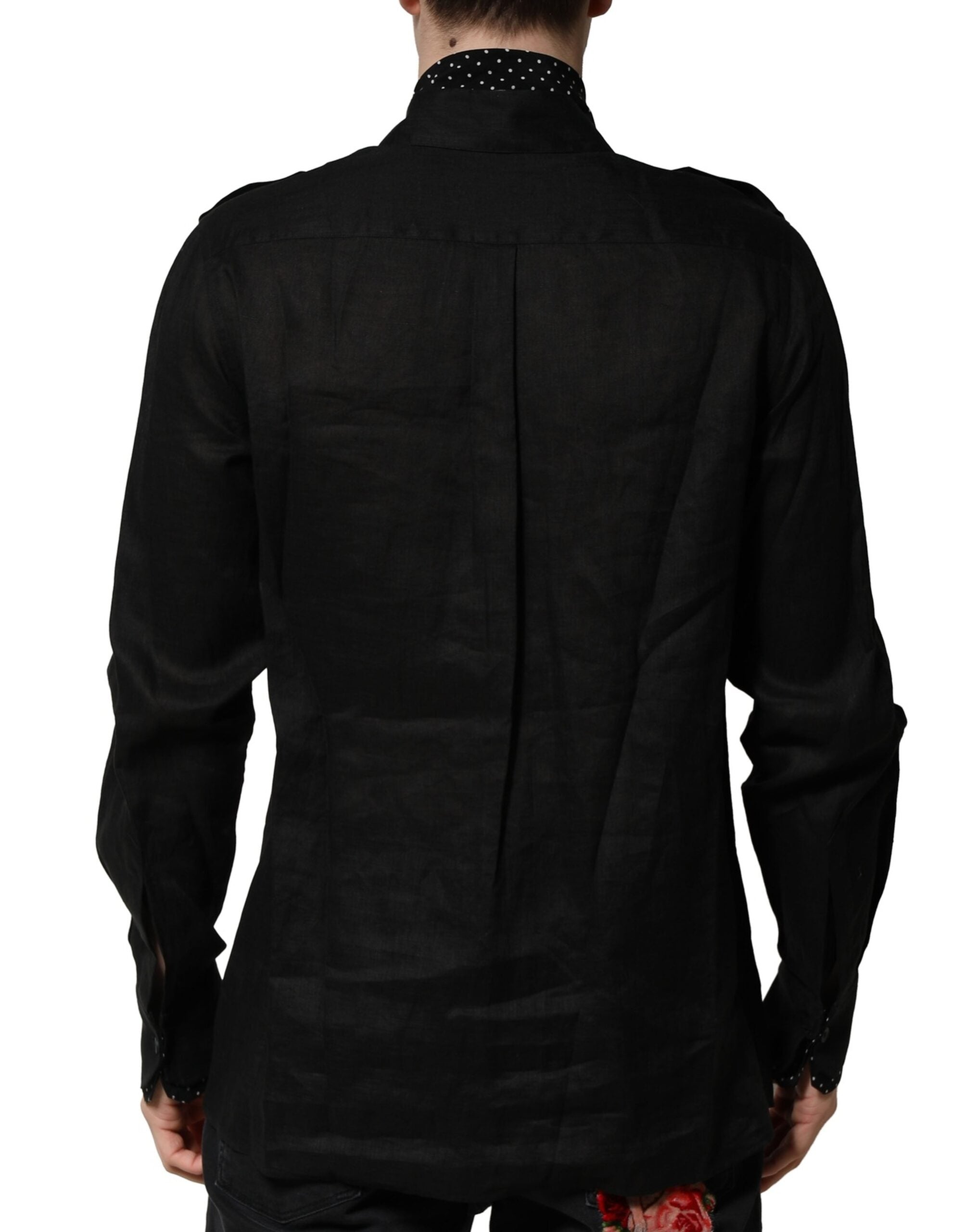 Dolce & Gabbana Black Polka Dot Linen Silk Men's Casual Shirt