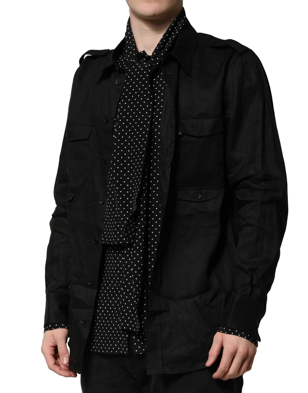 Dolce & Gabbana Black Polka Dot Linen Silk Men's Casual Shirt