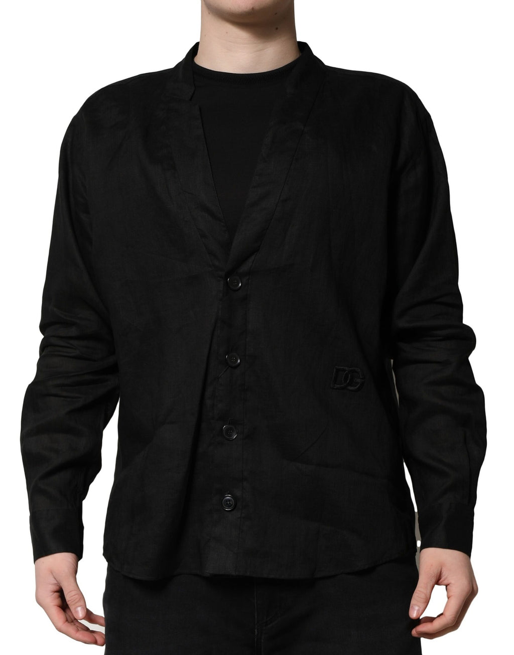 Dolce & Gabbana Men's Black Long-Sleeved Linen Casual Shirt