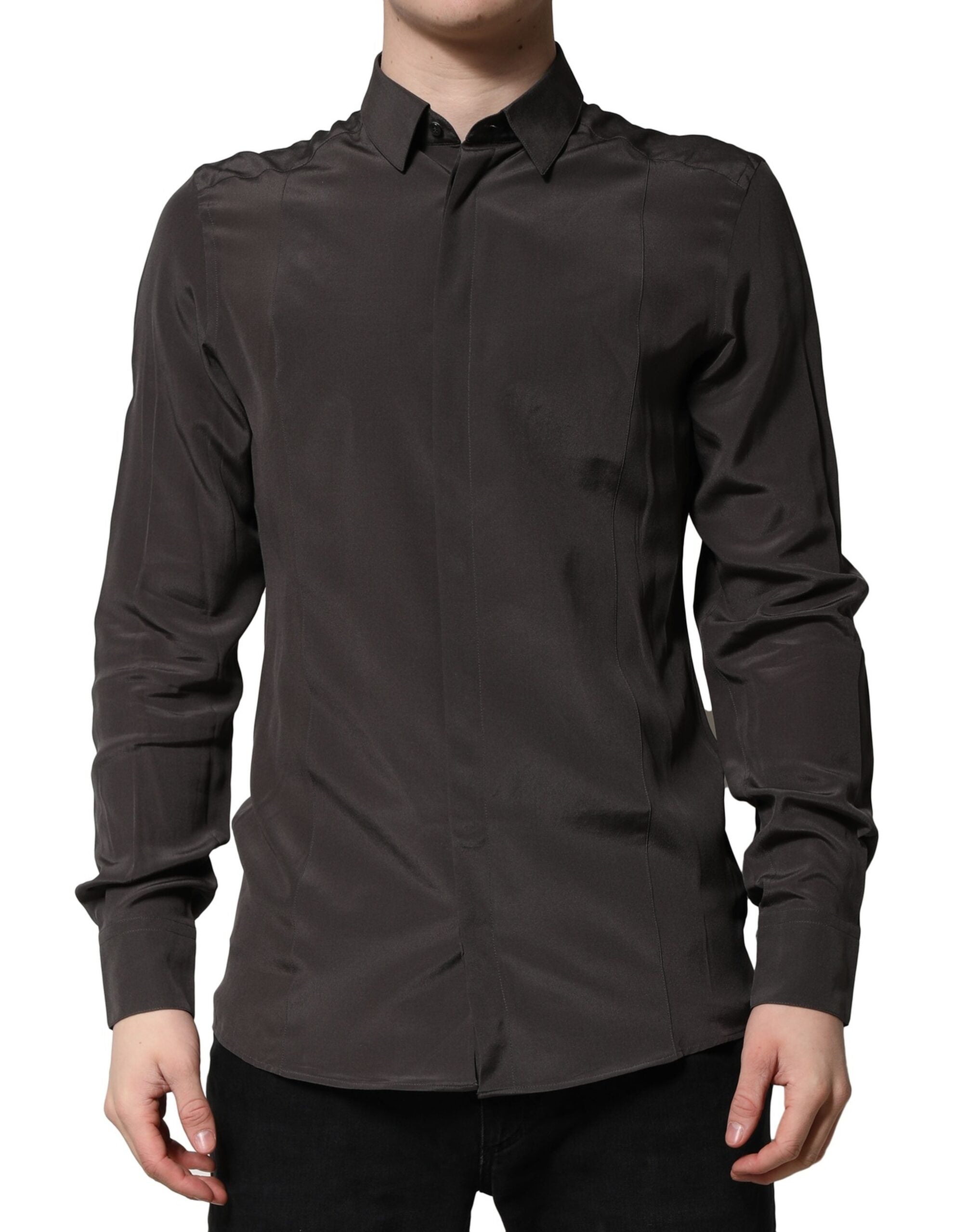 Dolce & Gabbana Dark Brown Silk Shirt GOLD Men's Dress Formal Shirt