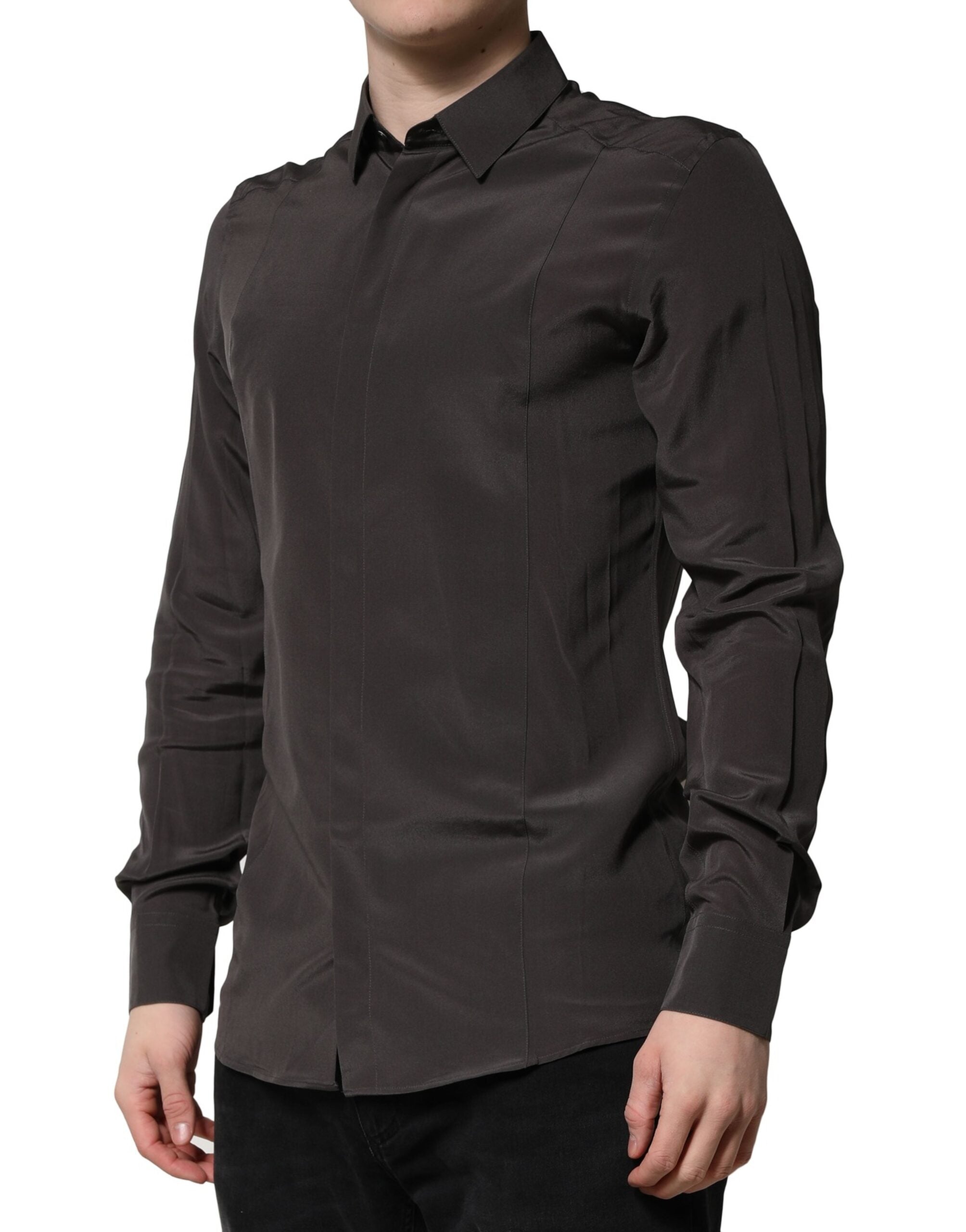 Dolce & Gabbana Dark Brown Silk Shirt GOLD Men's Dress Formal Shirt