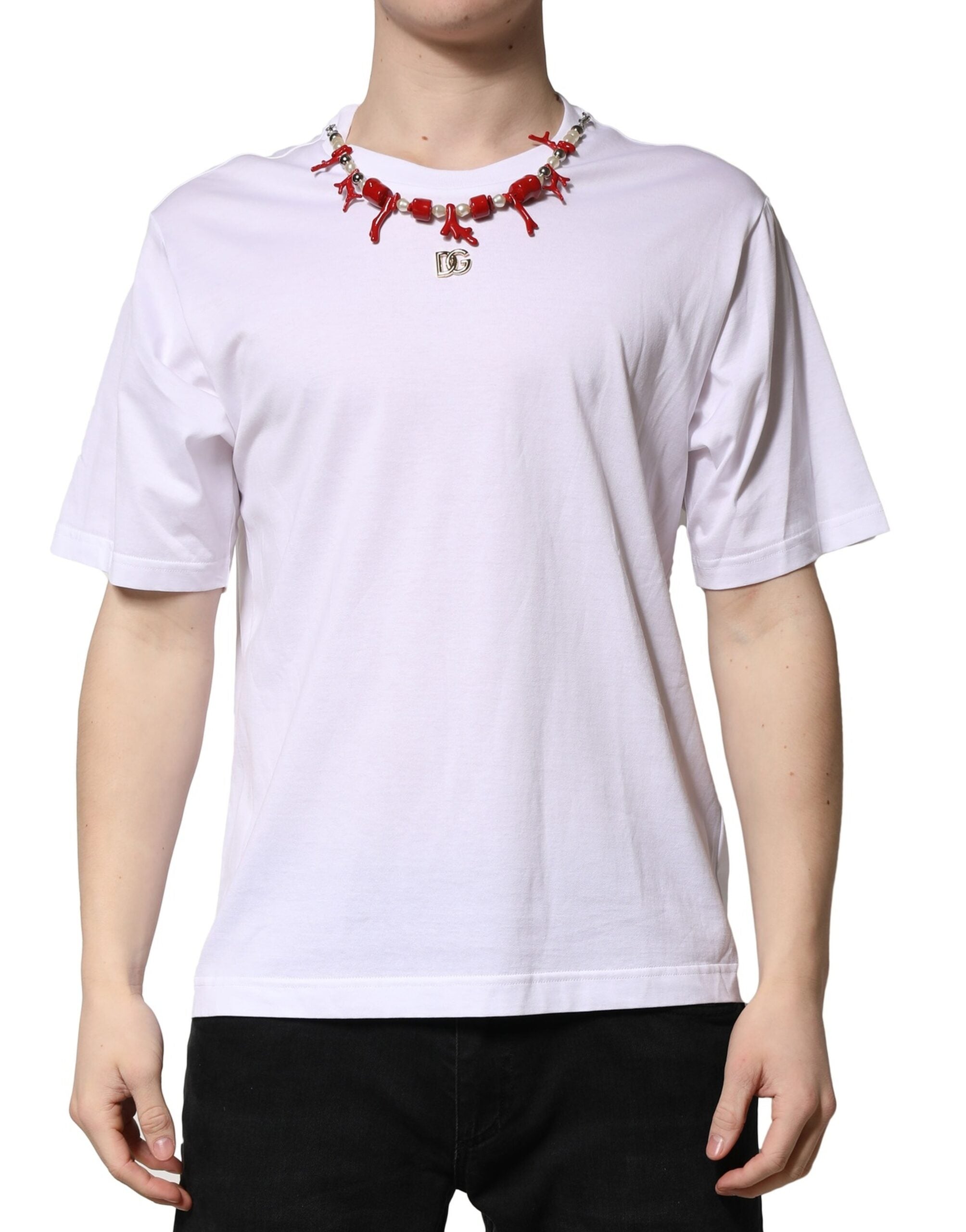 Dolce & Gabbana Embellished Cotton Crew Neck T-Shirt in White