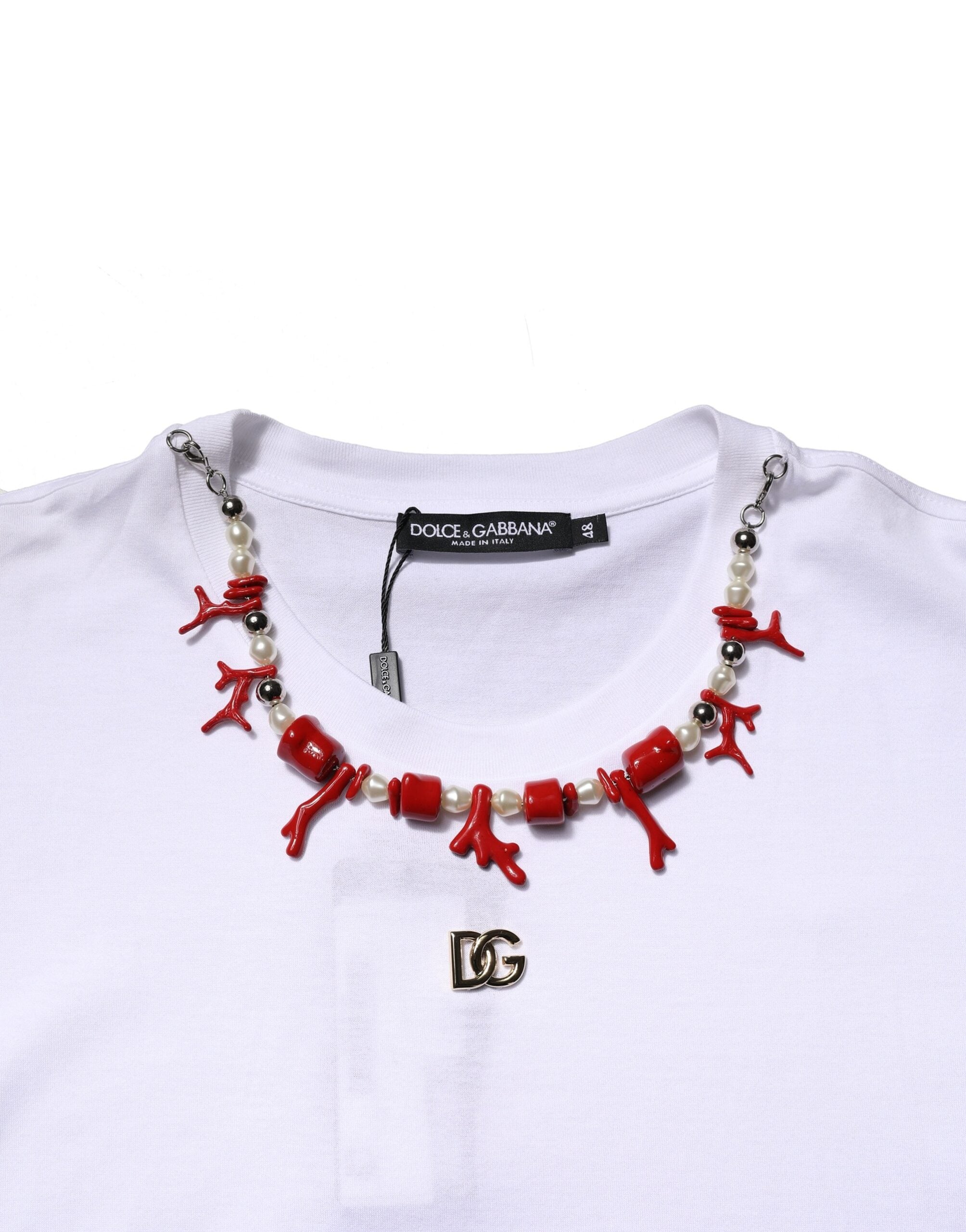 Dolce & Gabbana Embellished Cotton Crew Neck T-Shirt in White