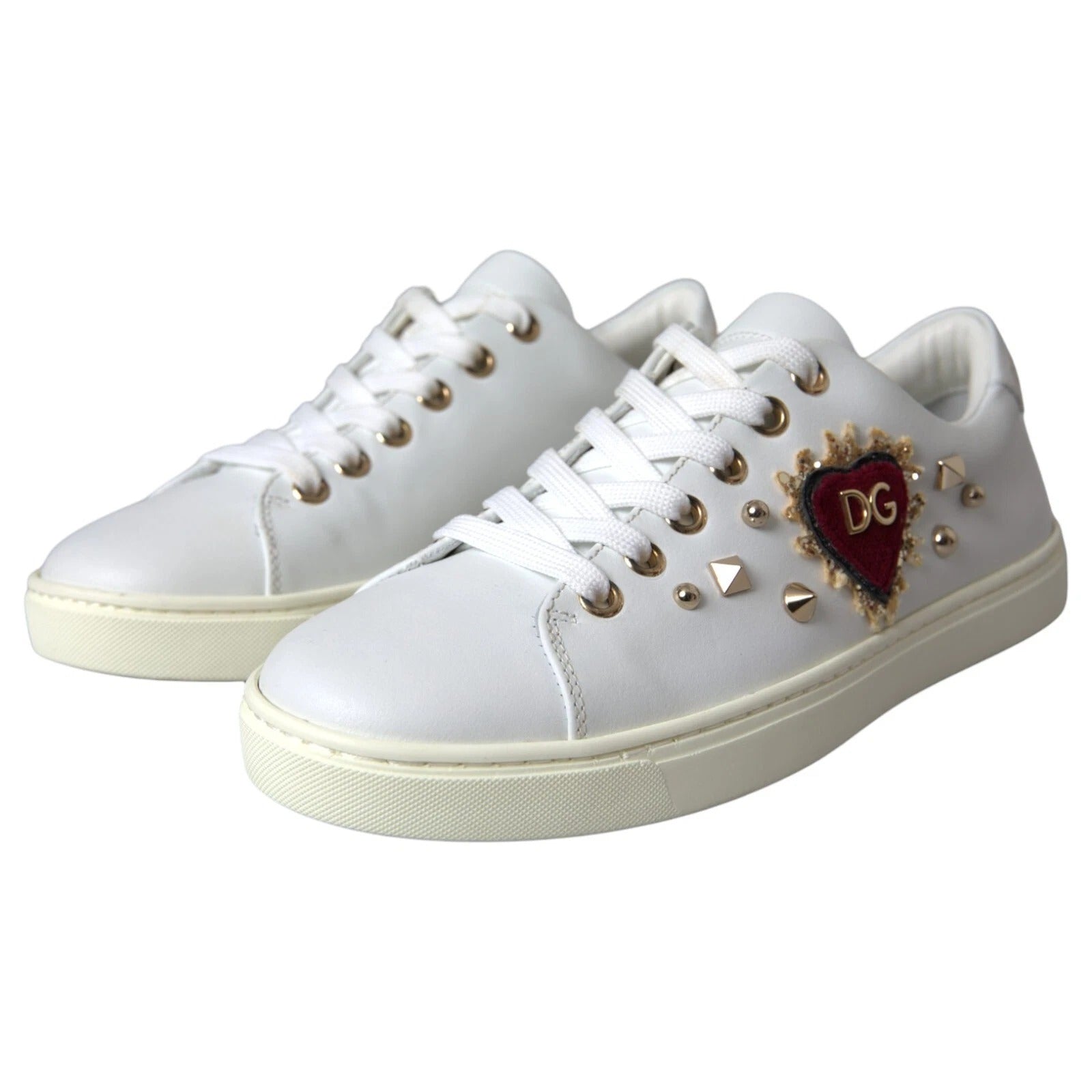 Dolce & Gabbana Weiß Leder Gold Rot Herz Turnschuhe Schuhe