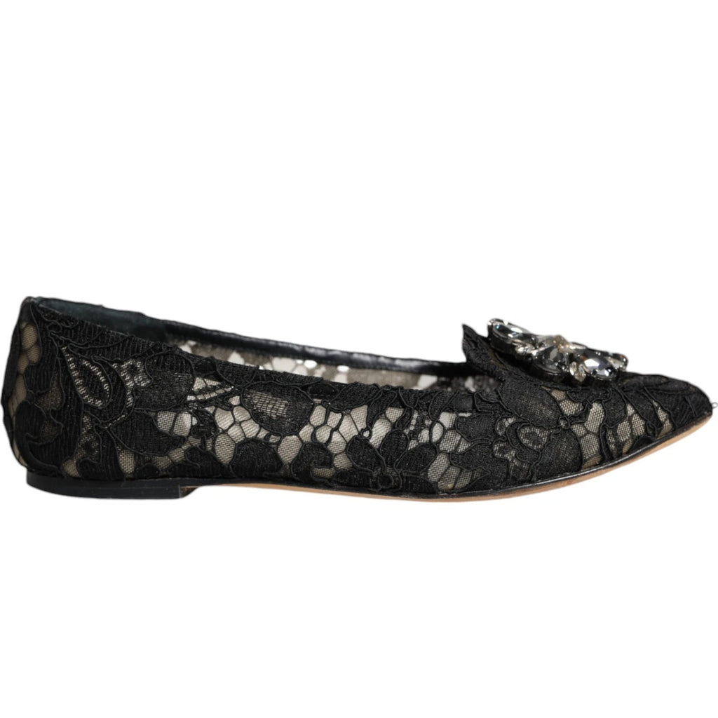 Dolce & Gabbana Black Lace Crystal Ballet Flats Loafers Shoes