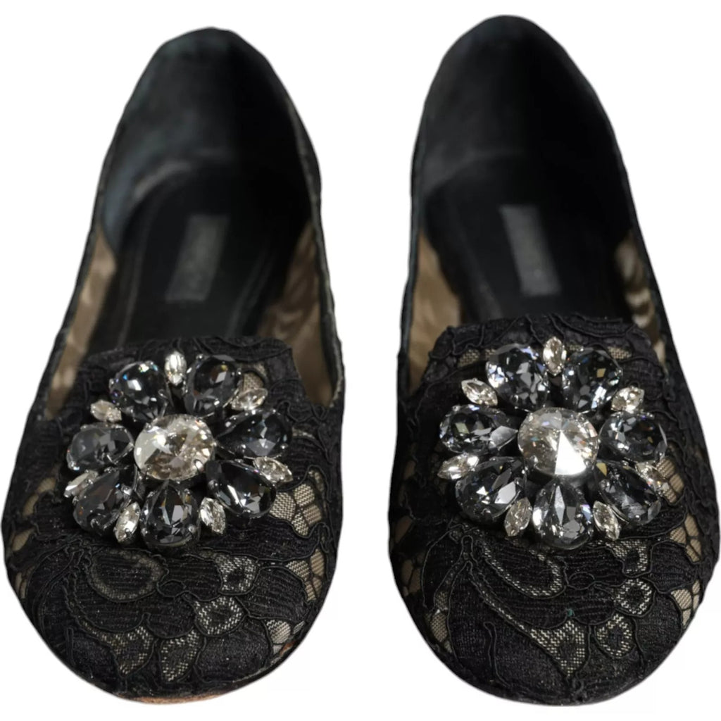 Dolce & Gabbana Black Lace Crystal Ballet Flats Loafers Shoes