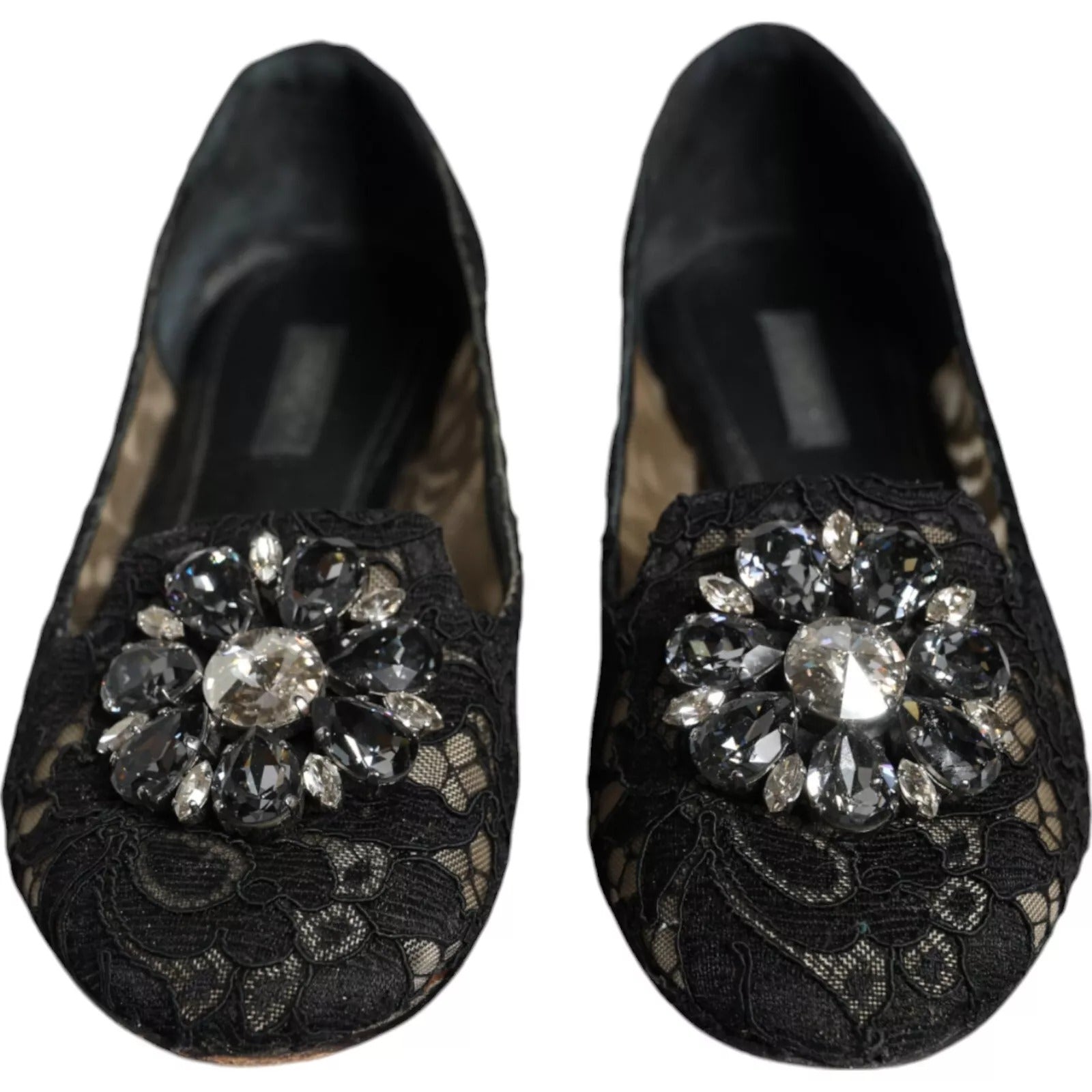 Dolce & Gabbana Black Lace Crystal Ballet Flats Loafers Shoes