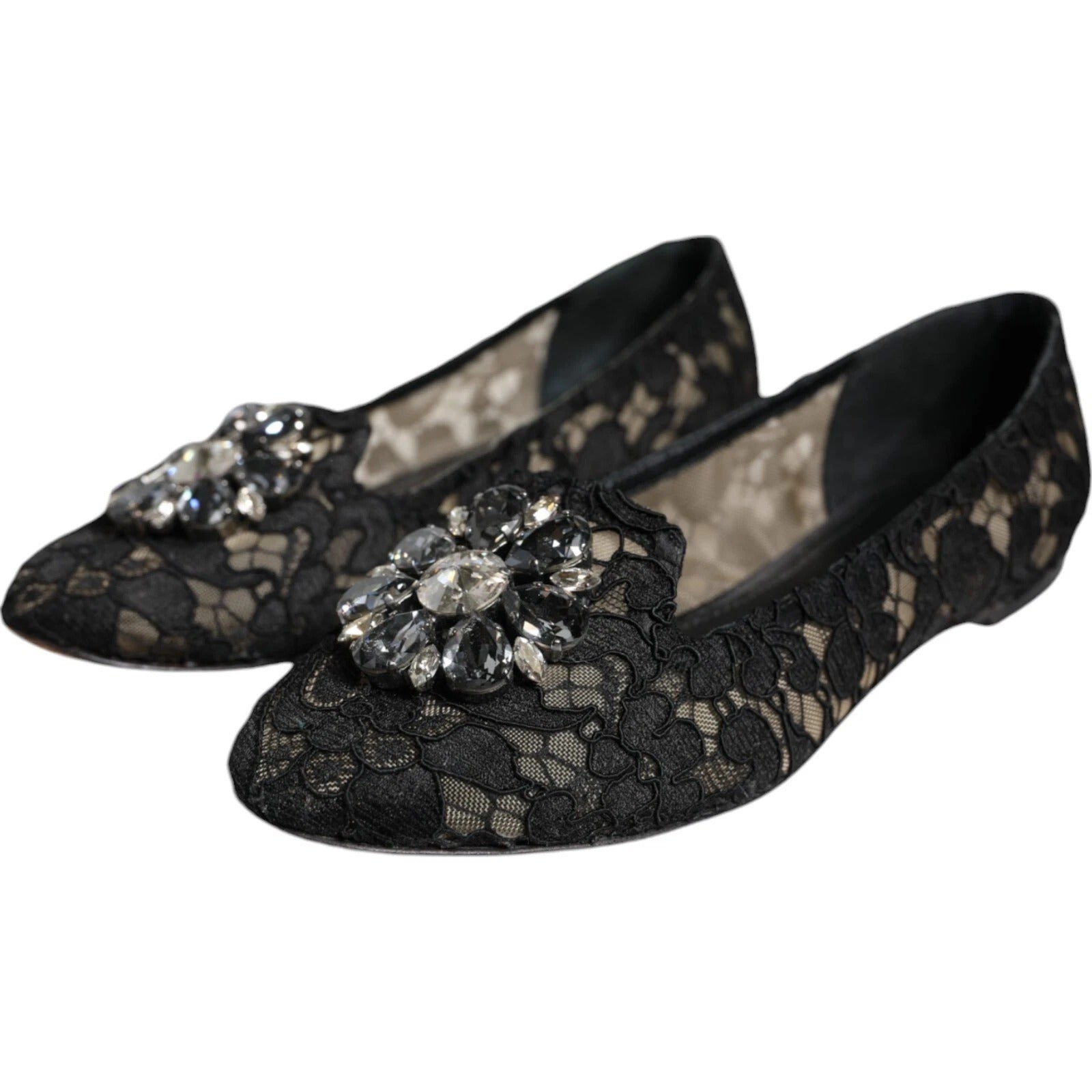 Dolce & Gabbana Black Lace Crystal Ballet Flats Loafers Shoes