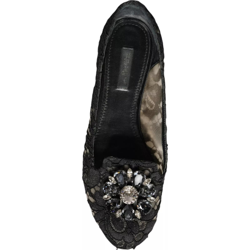 Dolce & Gabbana Black Lace Crystal Ballet Flats Loafers Shoes