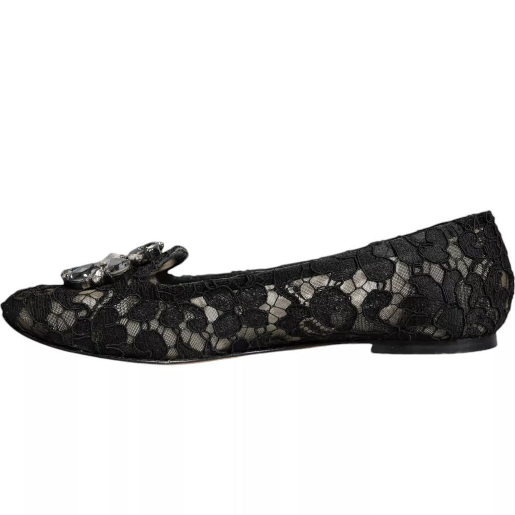Dolce & Gabbana Black Lace Crystal Ballet Flats Loafers Shoes