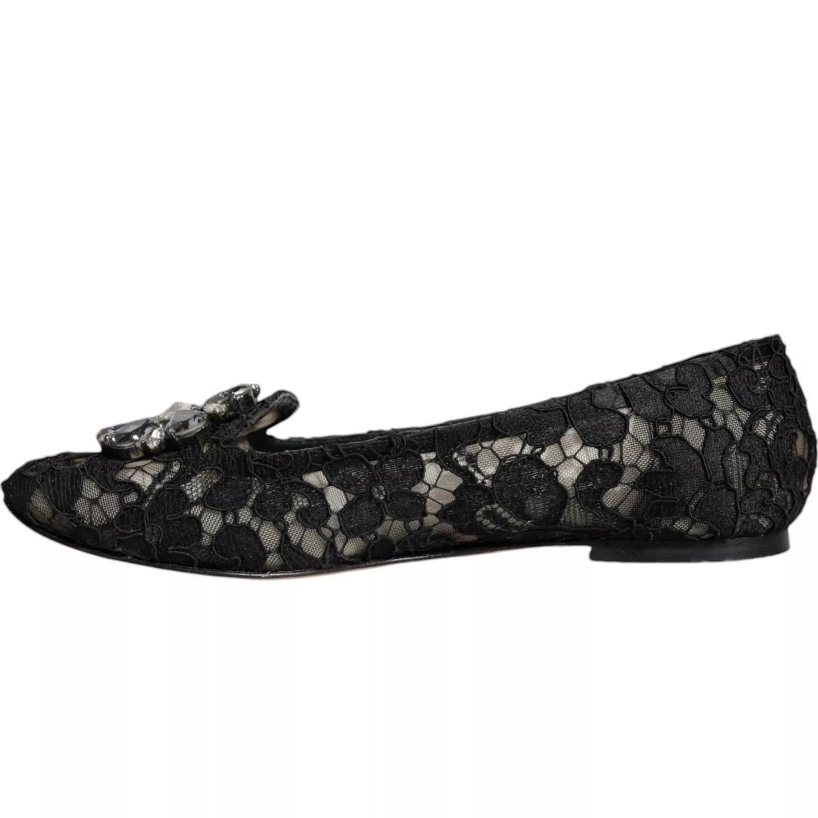 Dolce & Gabbana Black Lace Crystal Ballet Flats Loafers Shoes