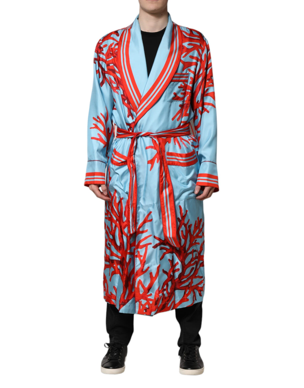 Dolce & Gabbana Blue Red Coral Print Wrap Coat Jacket