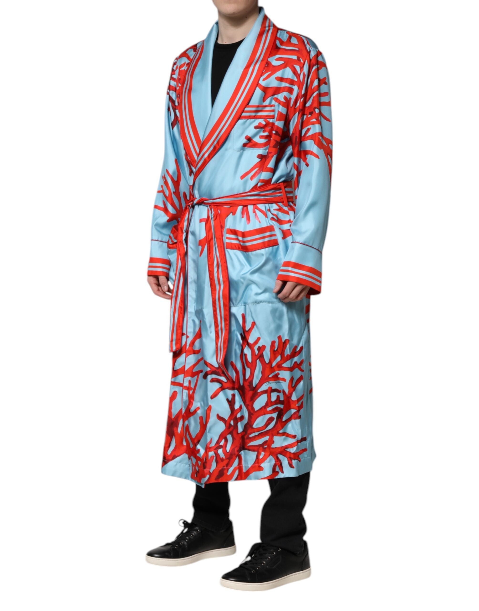 Dolce & Gabbana Blau Rot Koralle Print Wickelmantel Jacke
