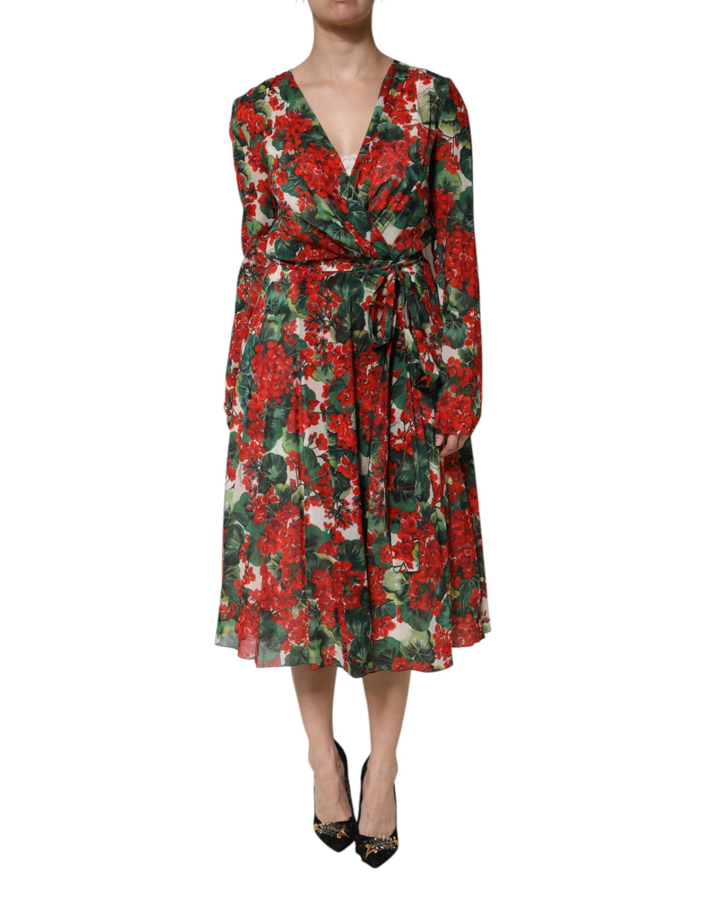 Dolce & Gabbana Multicolor Floral Langärmeliges Kleid mit V-Ausschnitt