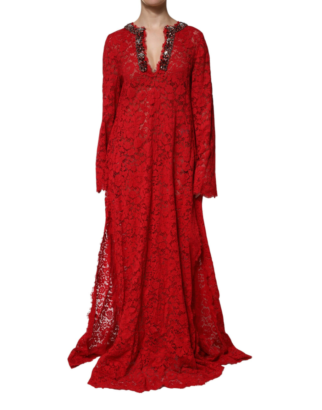 Dolce & Gabbana Red Dress with Floral Lace and Rhinestone Embellishment