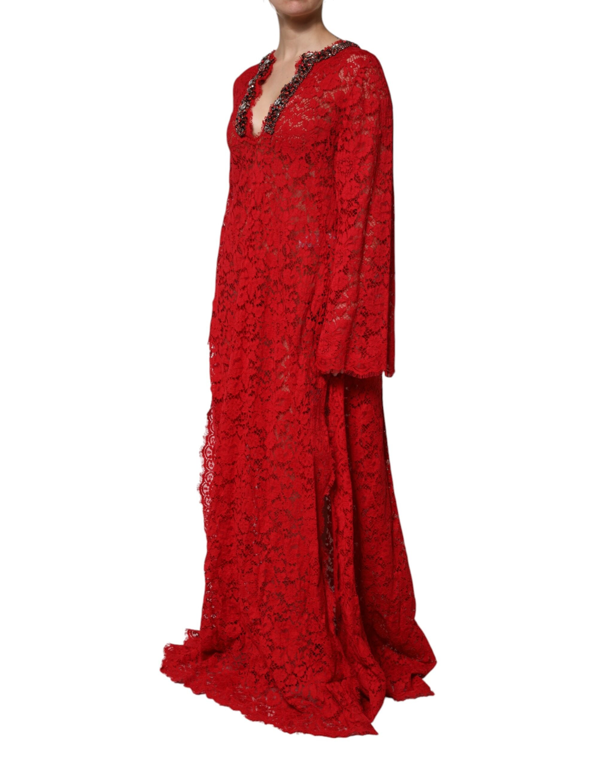 Dolce & Gabbana Red Dress with Floral Lace and Rhinestone Embellishment
